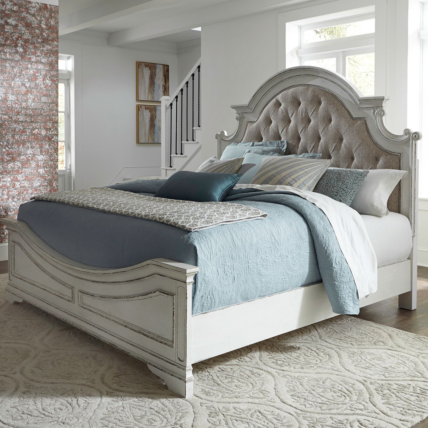 Magnolia Manor Antique White Upholstered King Bed | Liberty