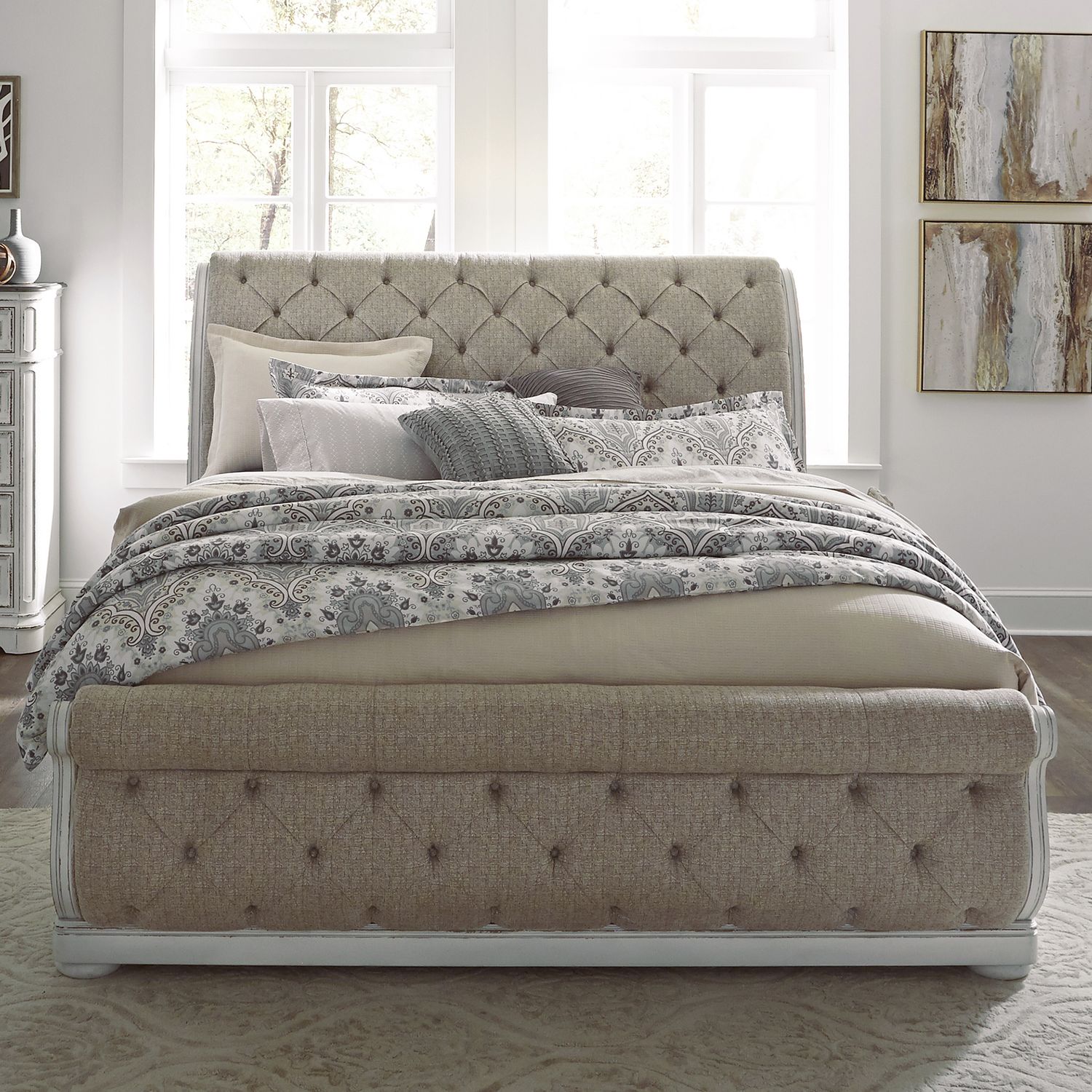 Magnolia Manor Antique White Upholstered Sleigh Bed | Liberty