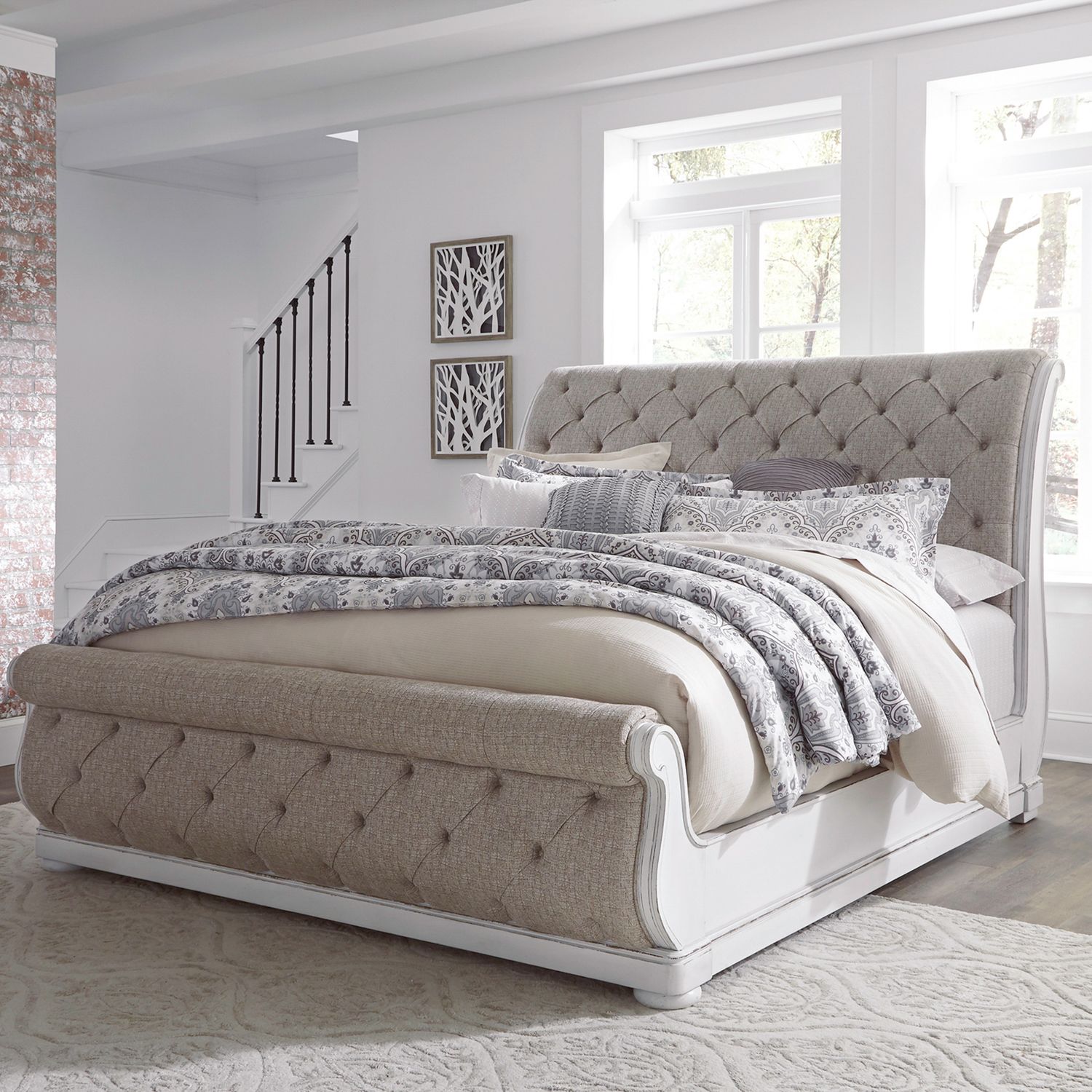 Magnolia Manor Antique White Upholstered Sleigh Bed | Liberty