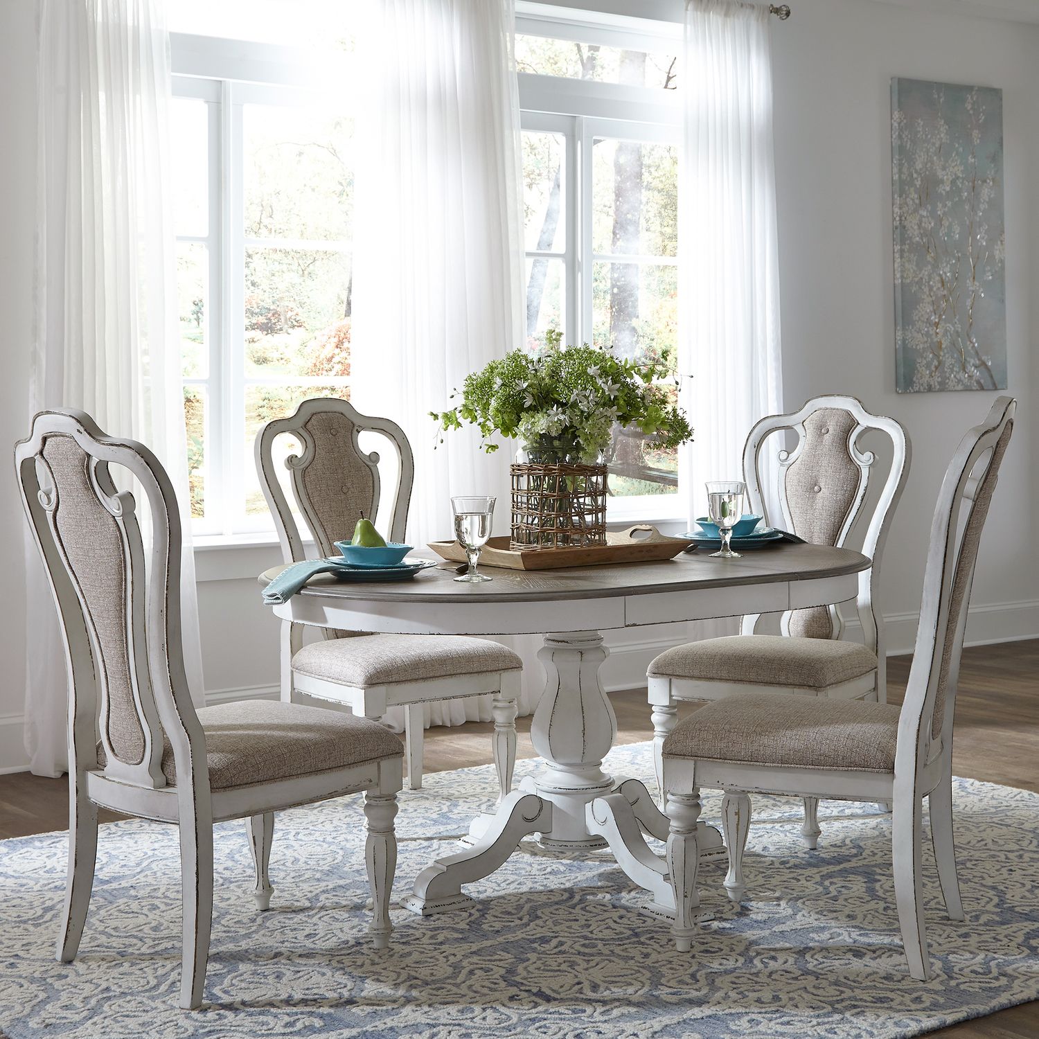 Magnolia Manor Oval Pedestal Dining Set | Antique White & Wood