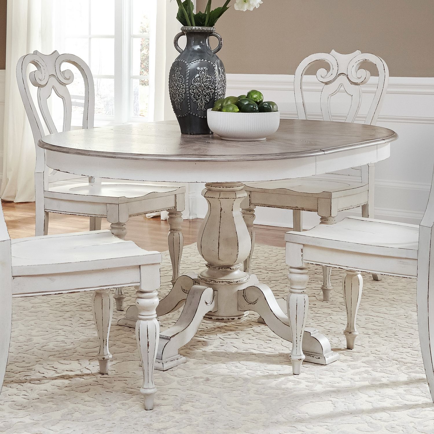 Magnolia Manor Oval Pedestal Dining Set | Antique White & Wood