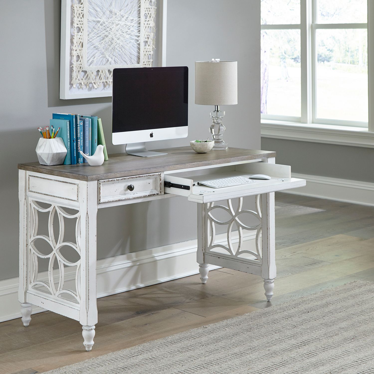 Magnolia Manor Rectangular Wood L Writing Desk w/2 Drawers