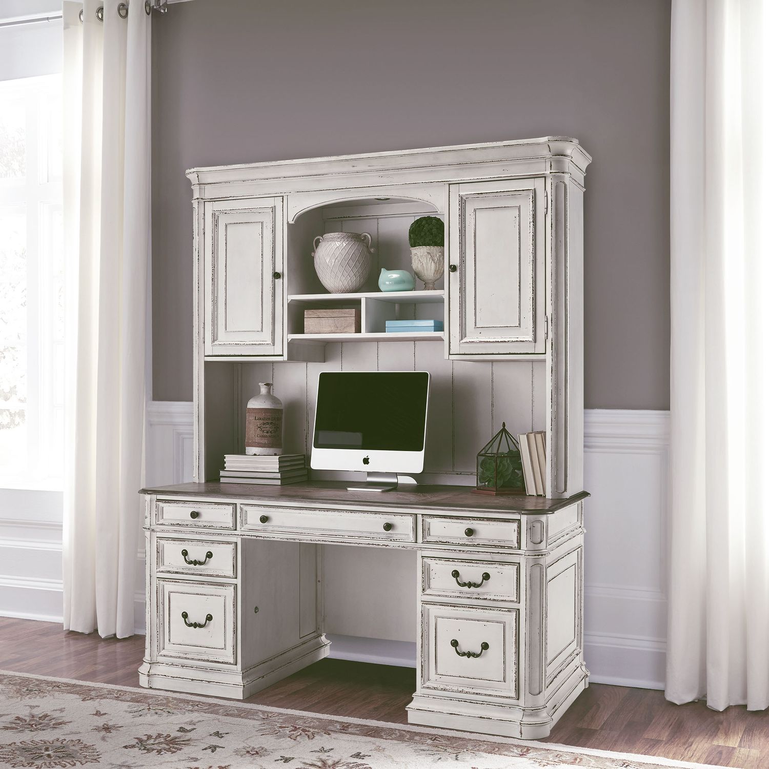 Magnolia Manor Wood Office Credenza & Hutch w/7 Drawers & 2 Doors