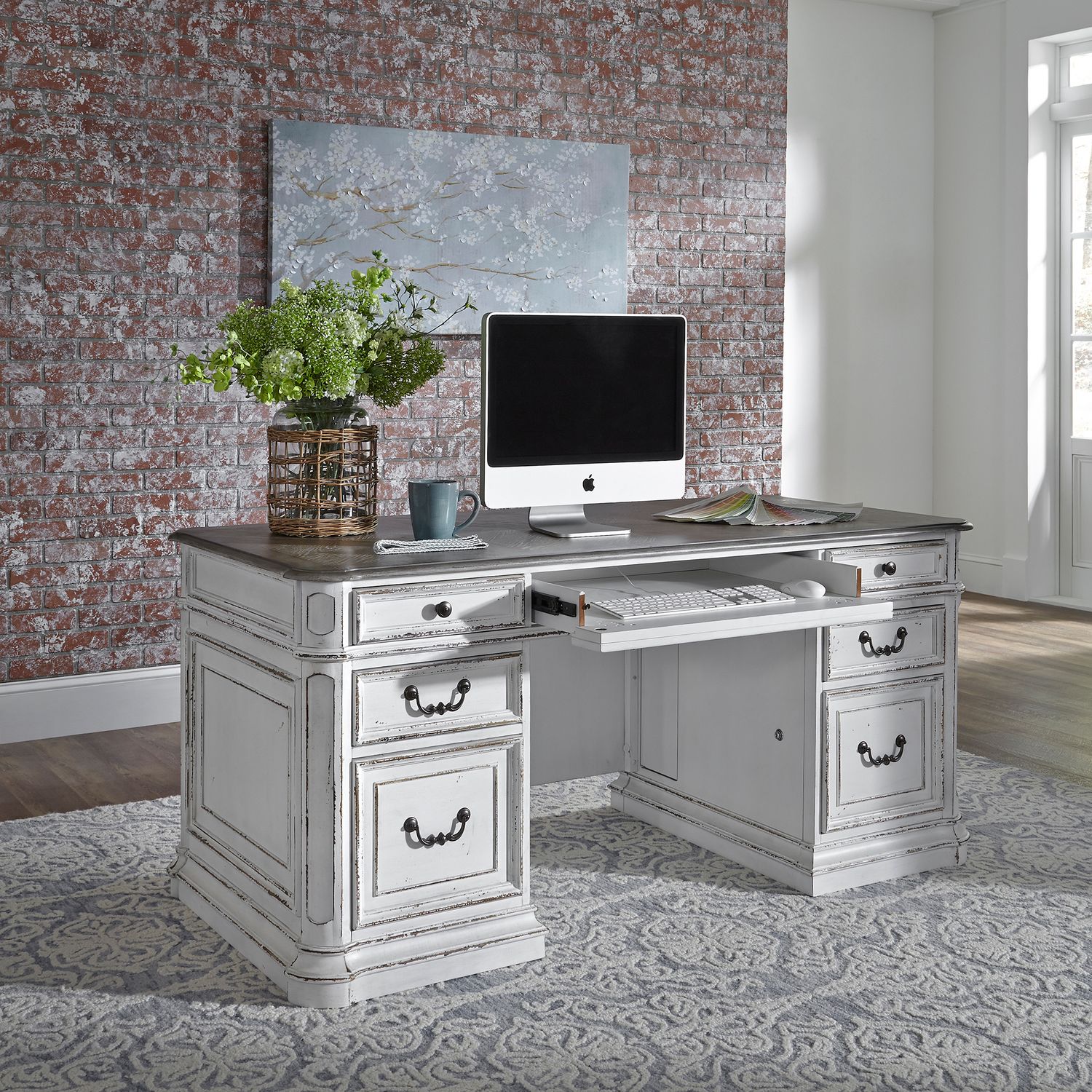 Magnolia Rectangular Wood Manor Desk w/7 Drawers