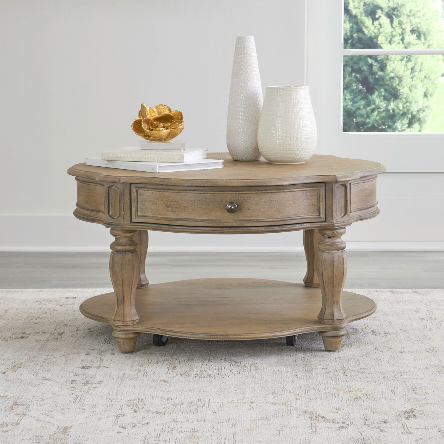 Magnolia Manor Round Wood Cocktail Table w/Drawer