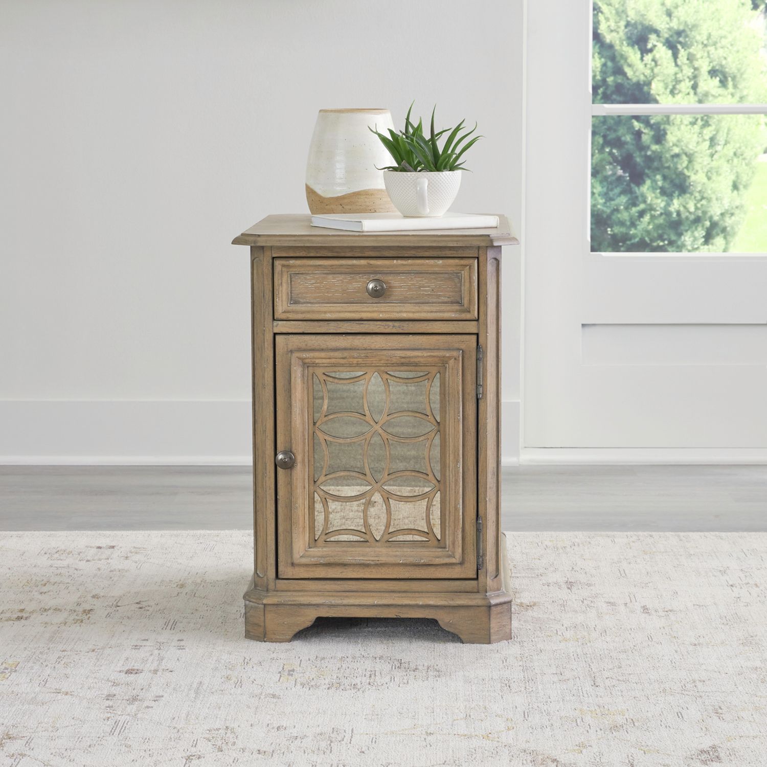Magnolia Manor Rectangular Wood/Glass Chair Side Table w/Drawer & Door