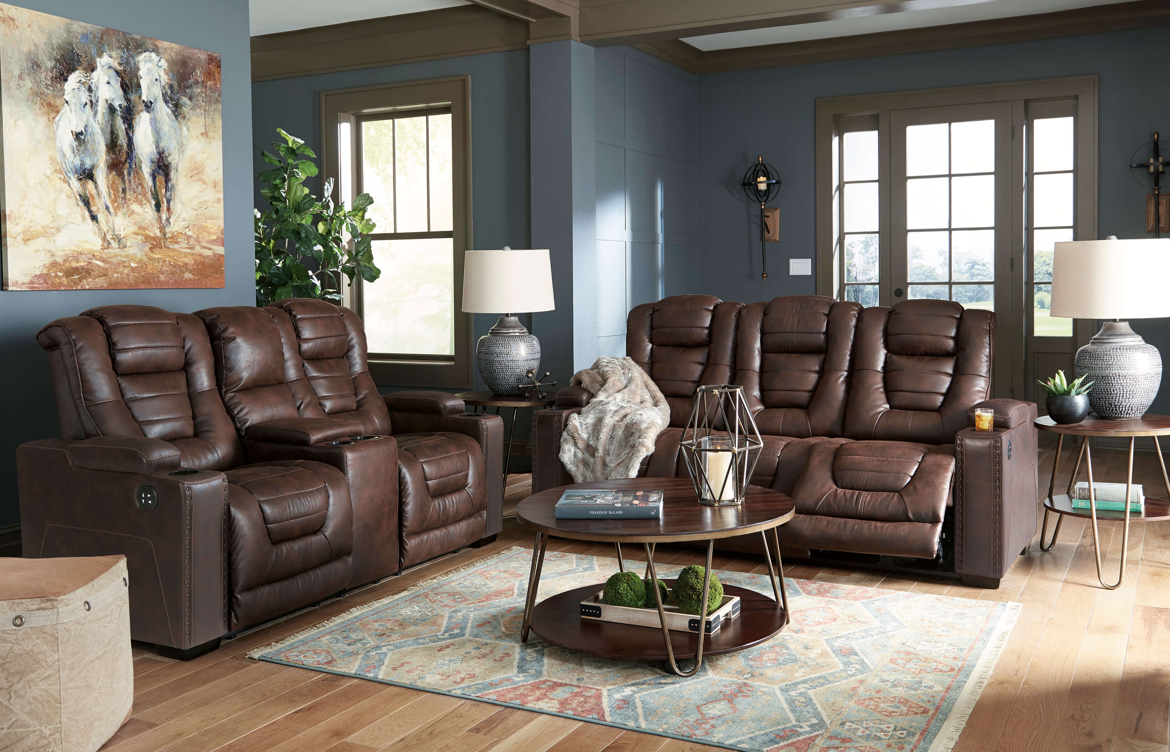 Ashley Owner's Box Polyester Power Sofa, Loveseat And Center Table