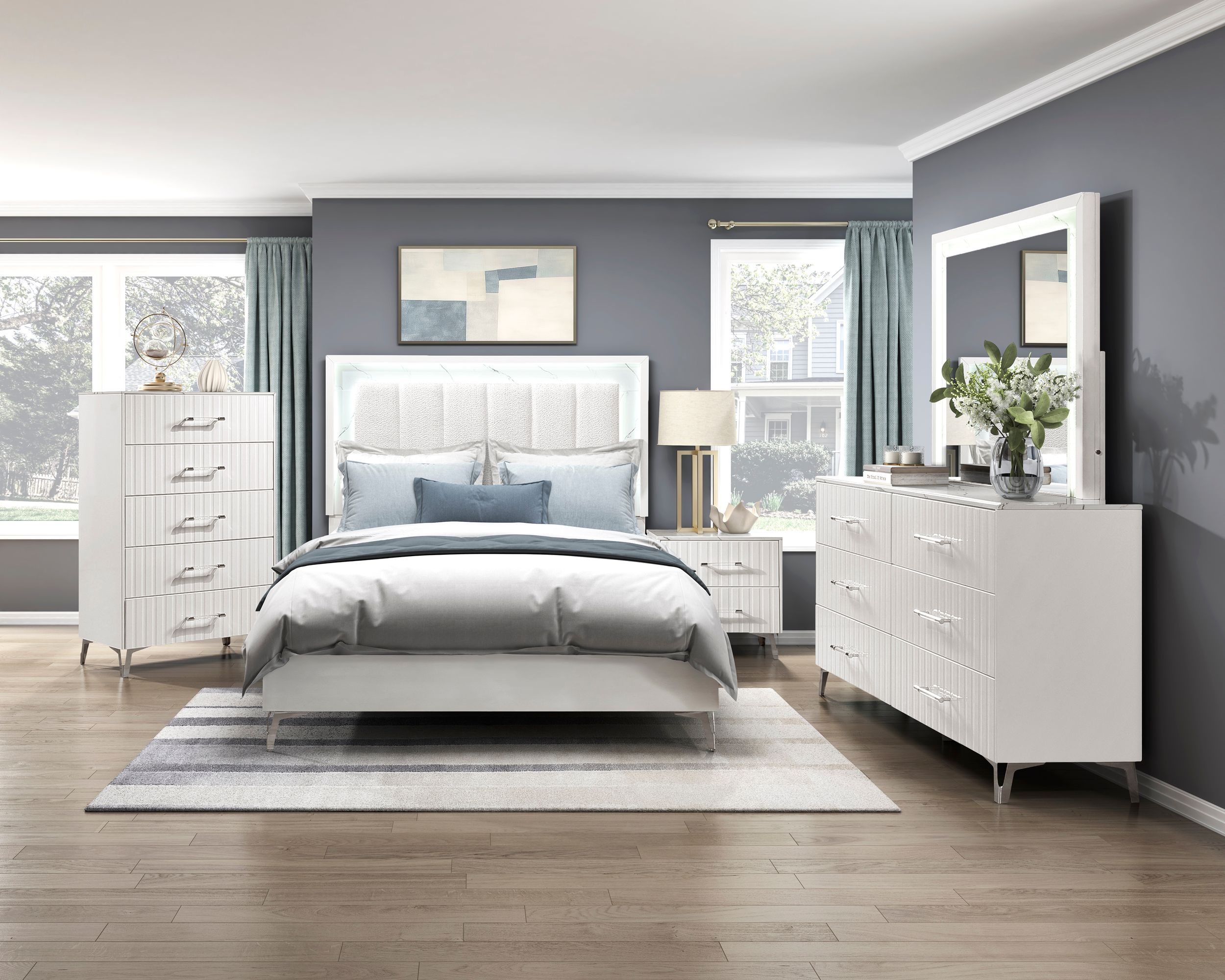 Ripple Chenille/Faux Marble/Wood Queen Panel Bed with LED Lighting