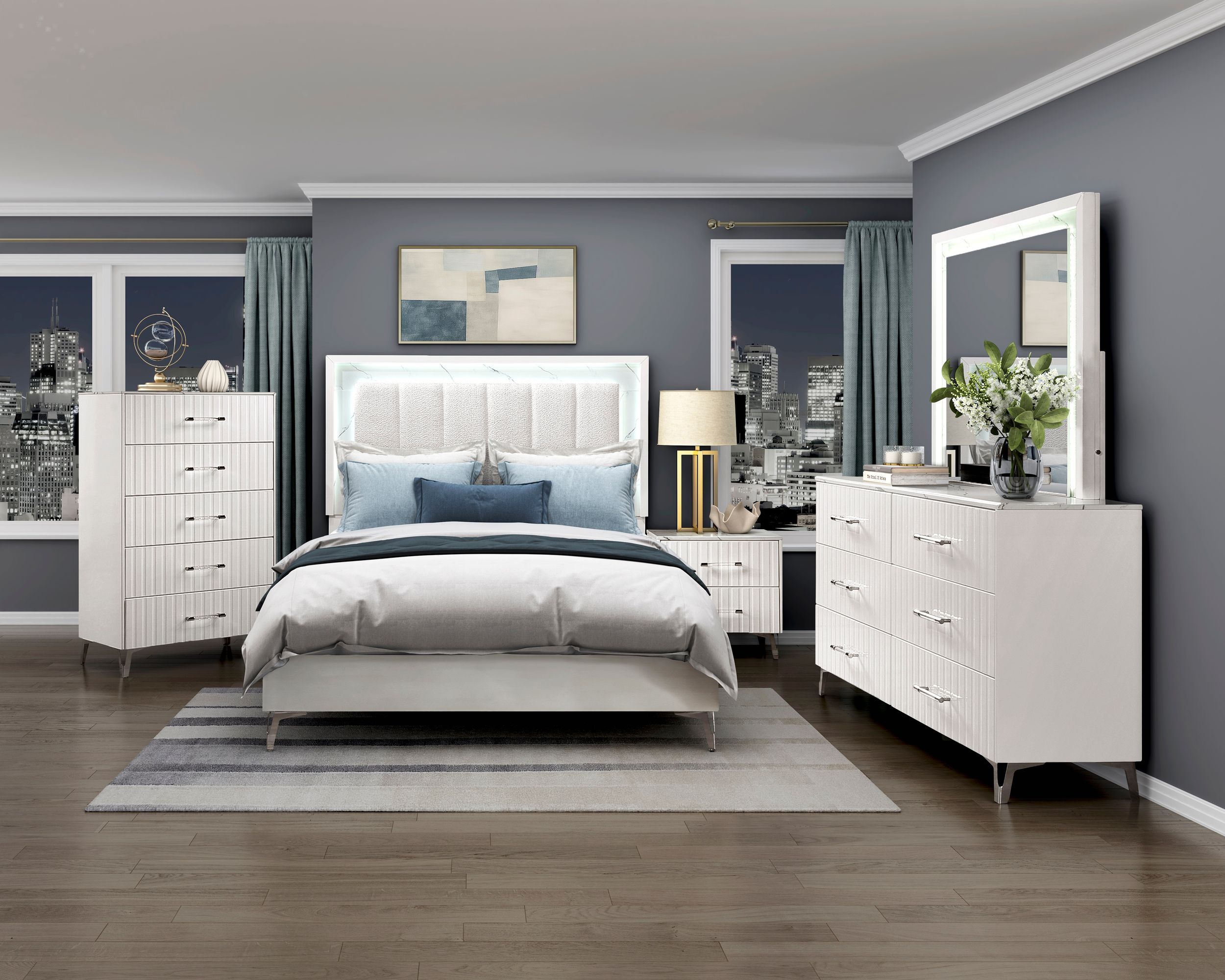 Ripple Chenille/Faux Marble/Wood California King Panel Bed with LED Lighting