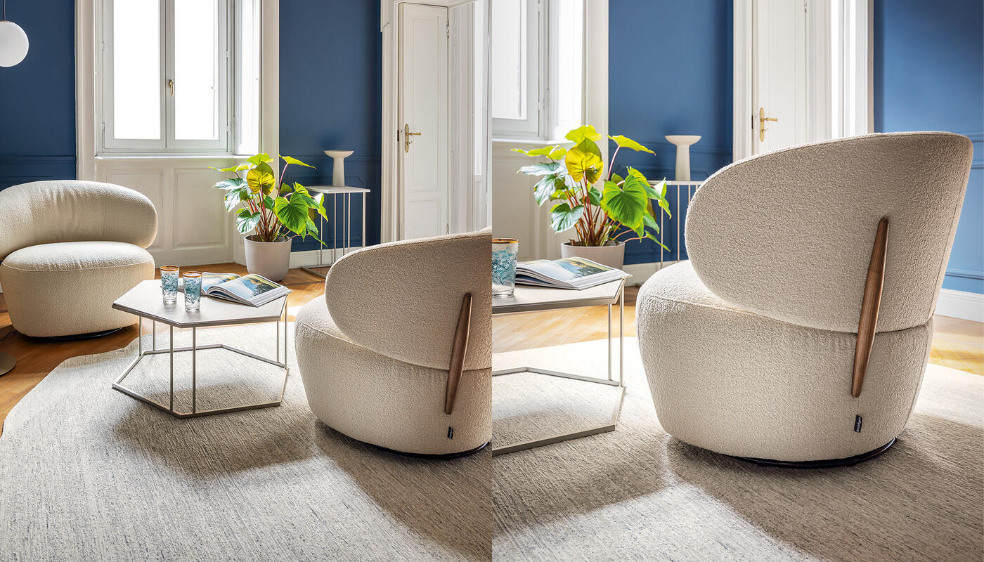 Calligaris Mara Plush/Wood Armchair w/Swivel Base, Cream/Walnut