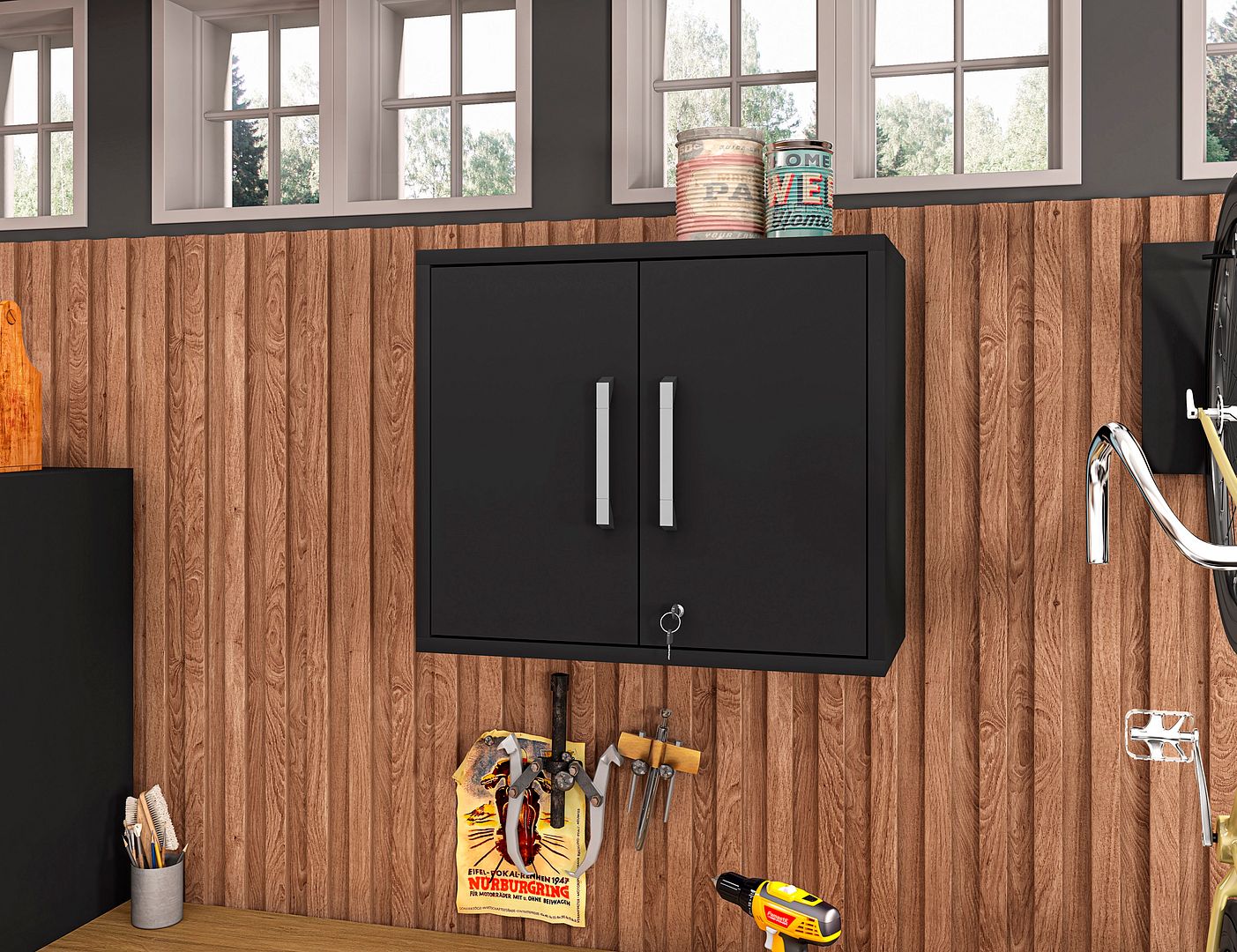 Eiffel Floating Garage Storage Cabinet w/Lock & Key
