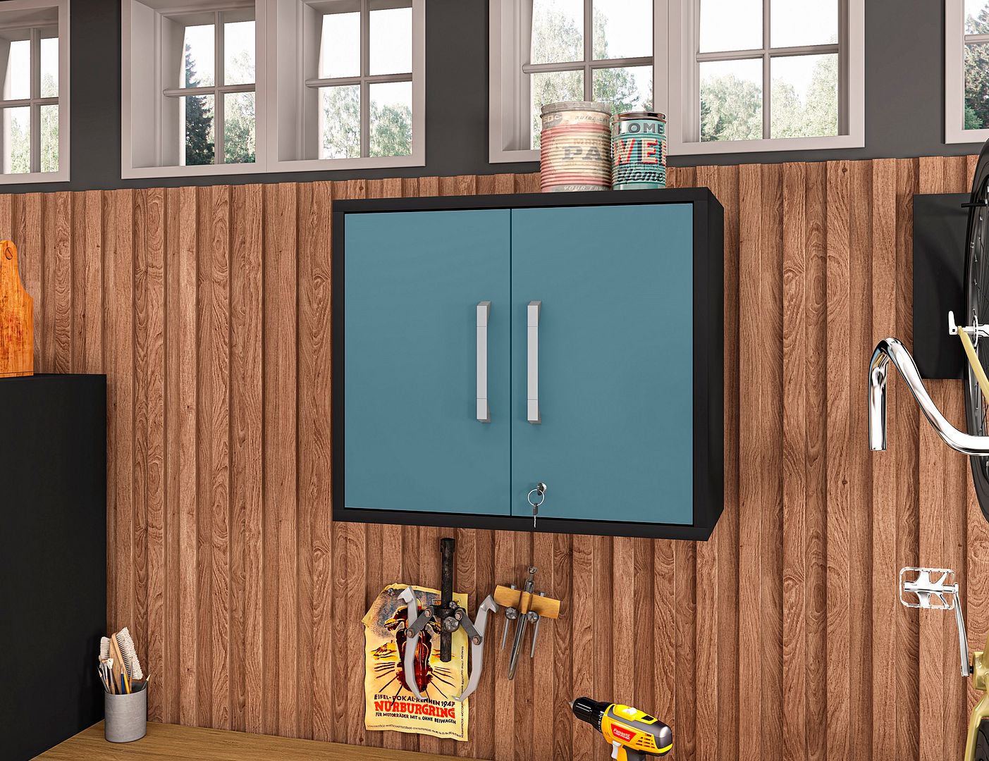Eiffel Floating Garage Storage Cabinet w/Lock & Key