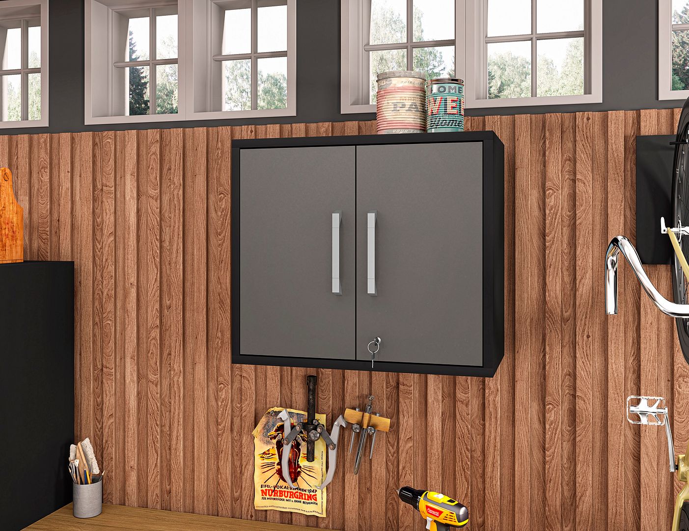 Eiffel Floating Garage Storage Cabinet w/Lock & Key