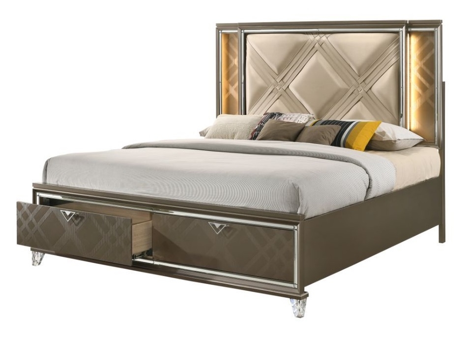 Skylar PU/Wood Storage Panel Bed w/LED Headboard, Queen Size