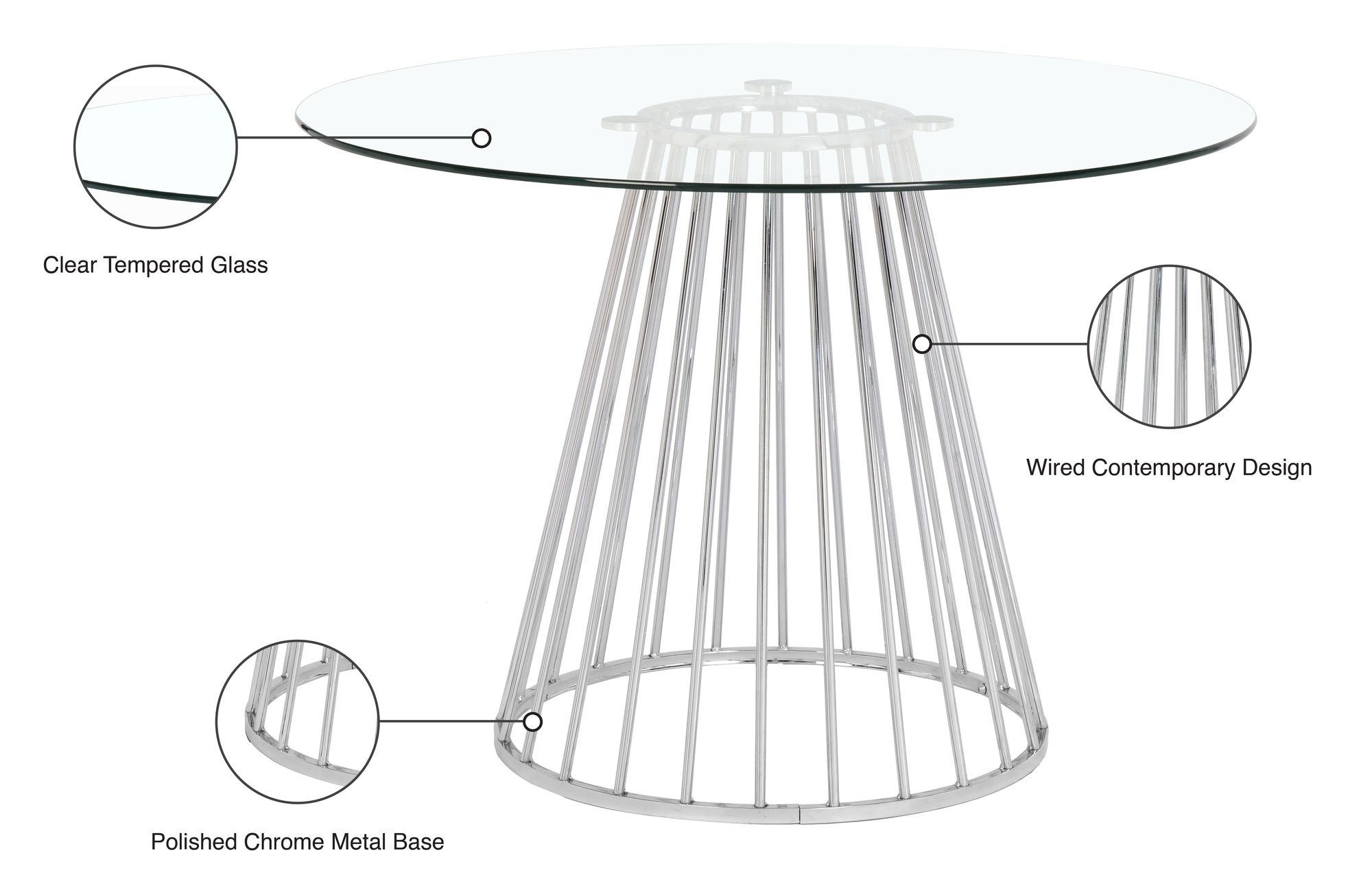 Gio 48" Round Glass Dining Table with Polished Chrome Metal Base
