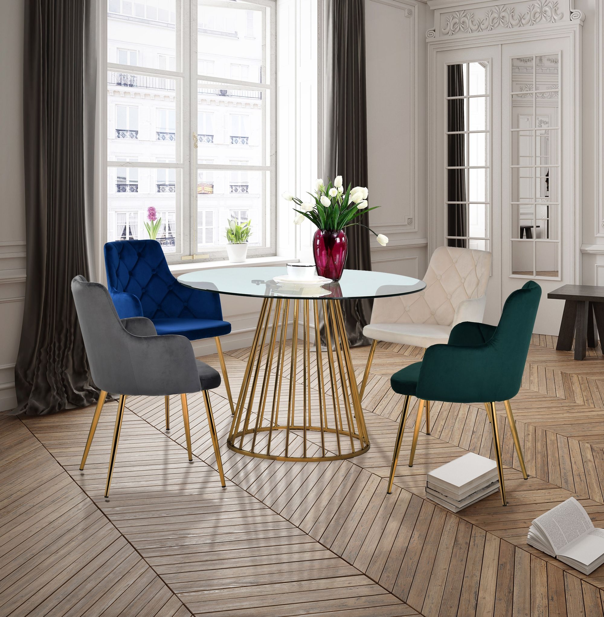 Gio 48" Round Glass Dining Table with Metal Base