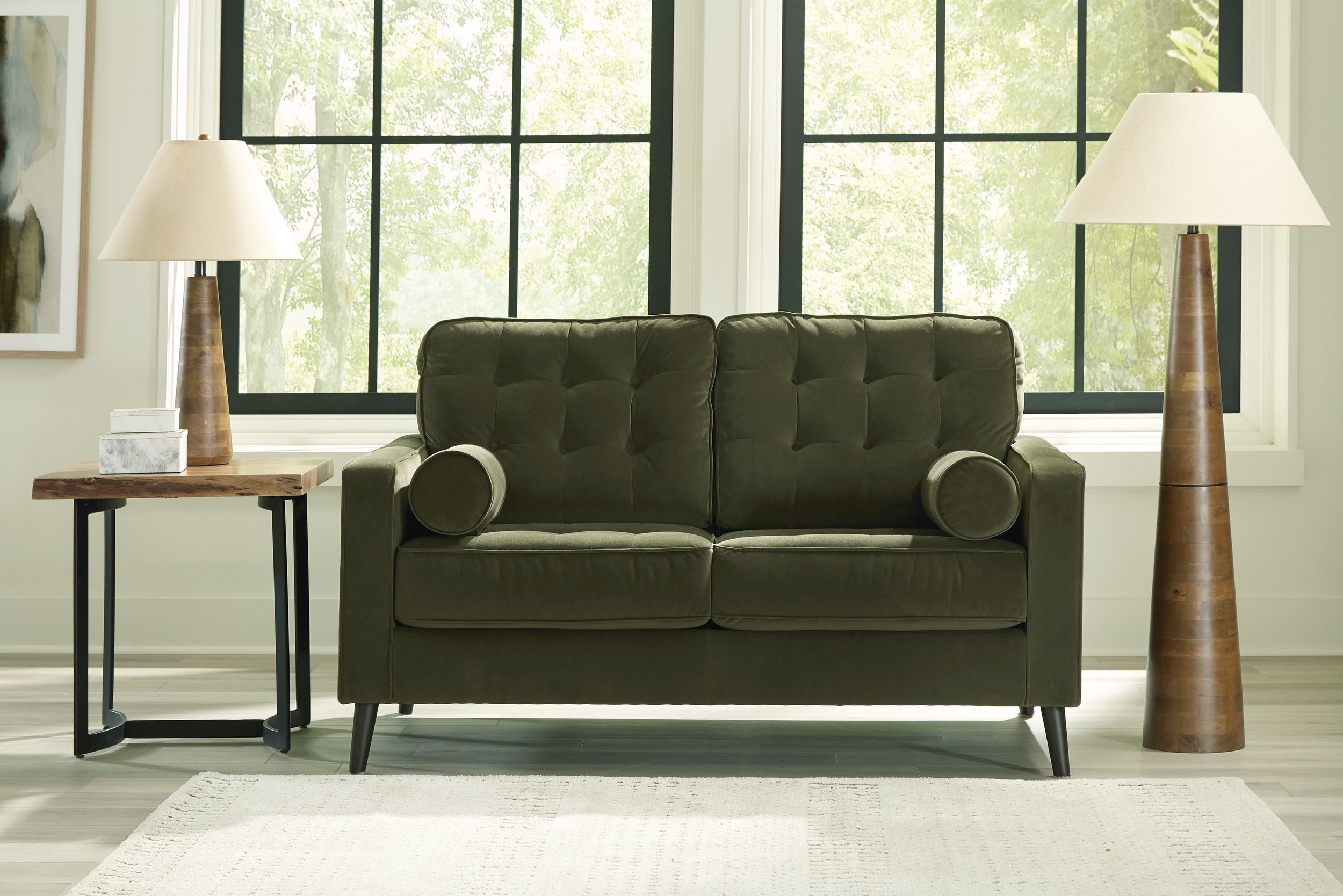 Reveon Lakes Modern Loveseat | Olive Velvet Upholstery