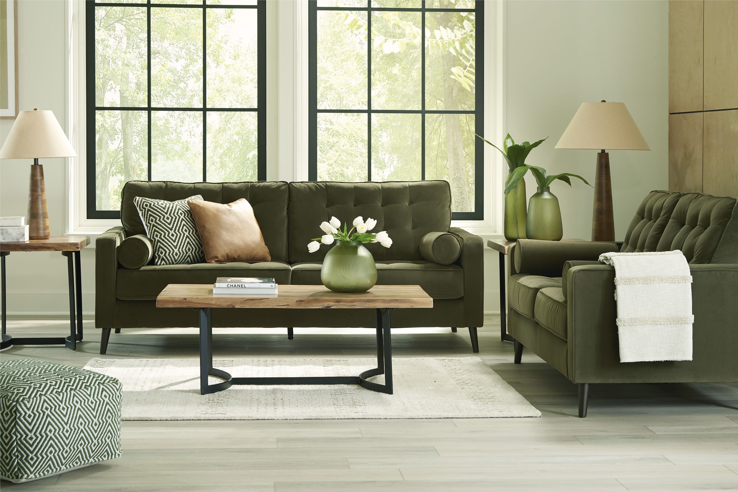 Reveon Lakes Modern Sofa | Olive Velvet & Button Tufted