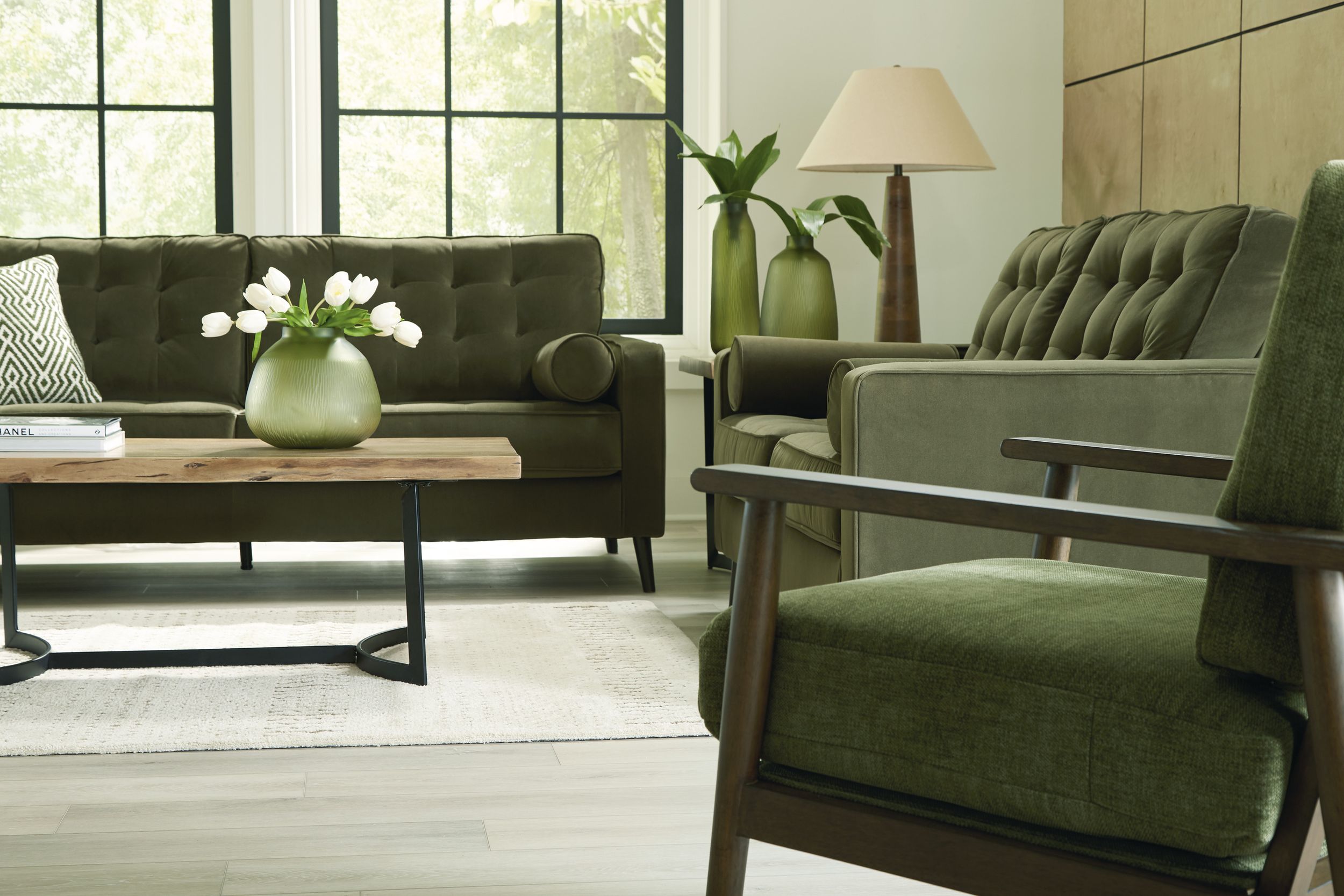 Reveon Lakes Modern Sofa | Olive Velvet & Button Tufted