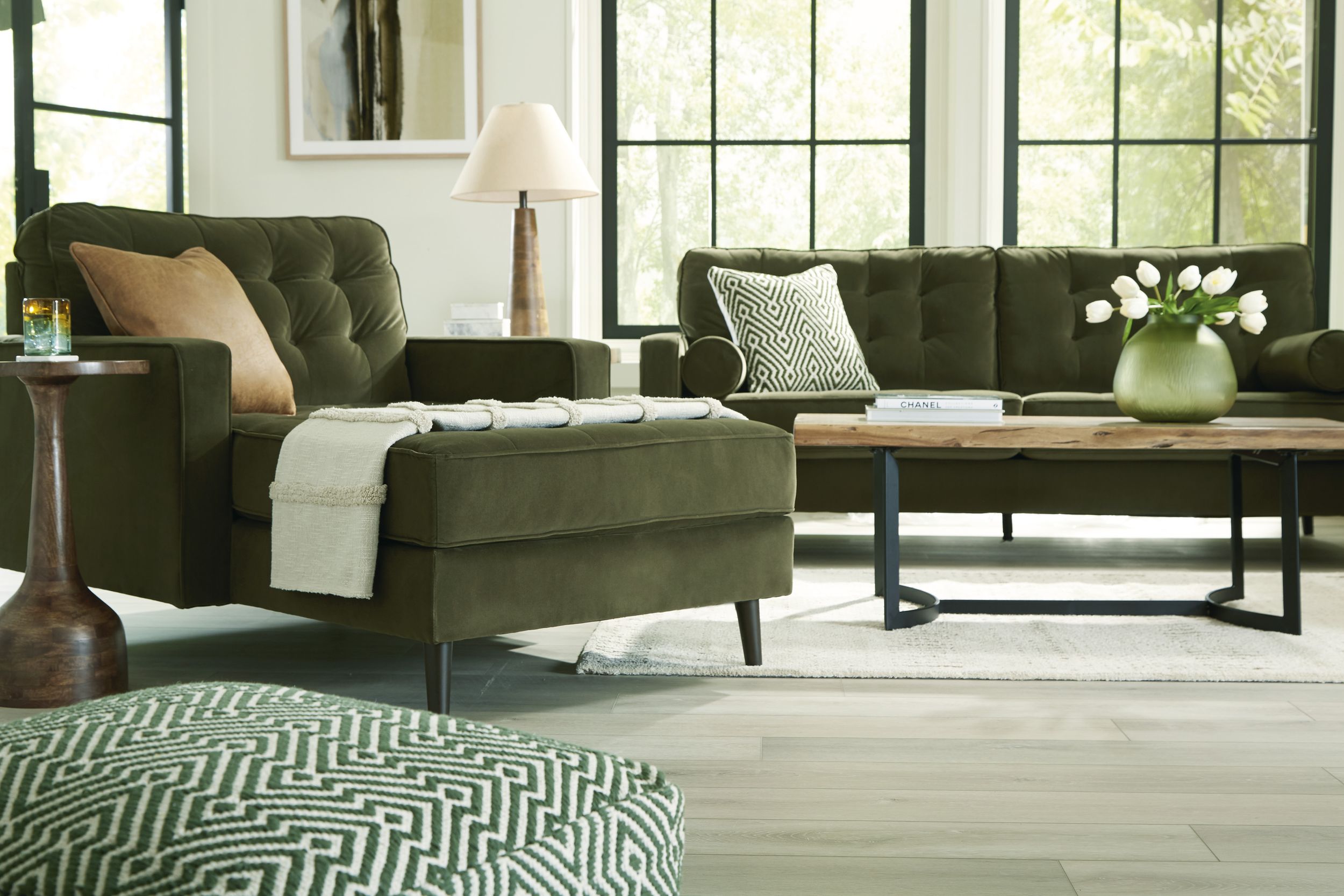 Reveon Lakes Modern Sofa | Olive Velvet & Button Tufted