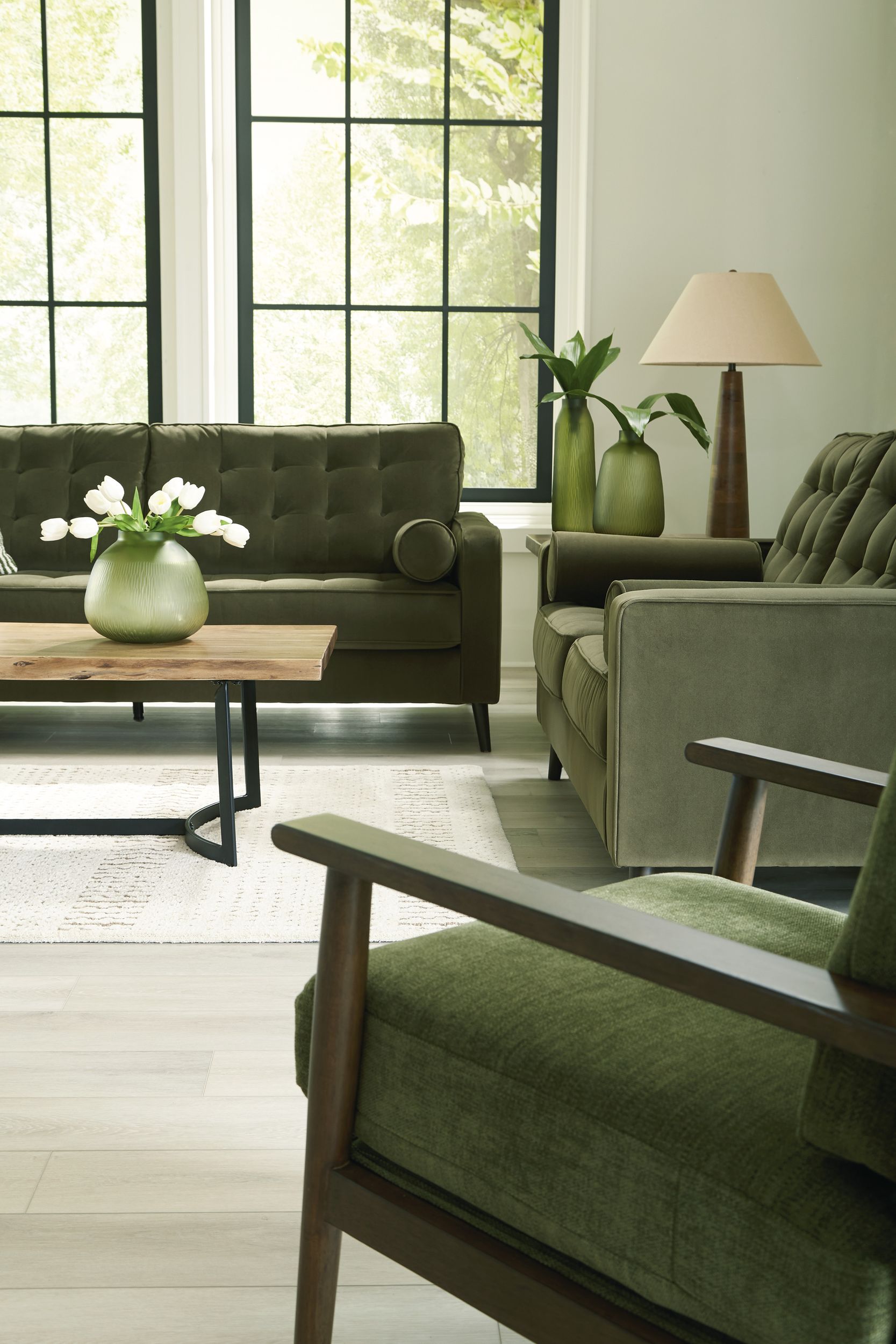Reveon Lakes Modern Sofa | Olive Velvet & Button Tufted