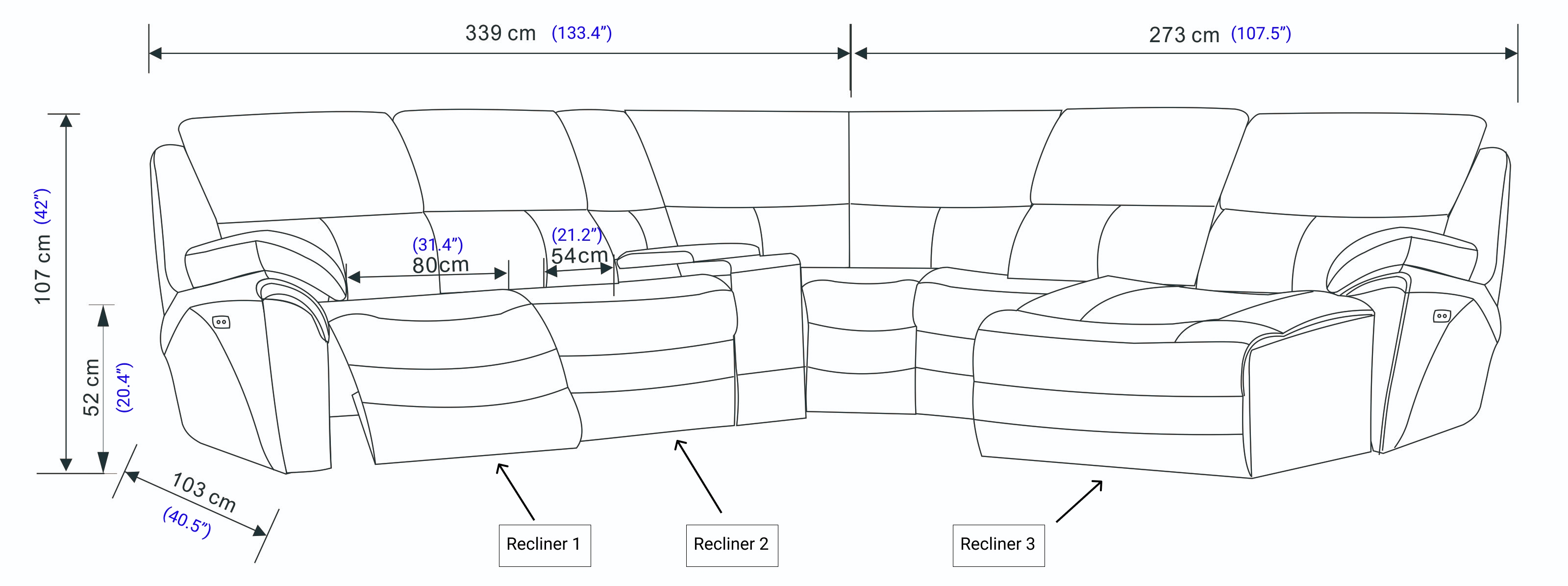 2711 Leather Sectional with 3 Electric Recliners