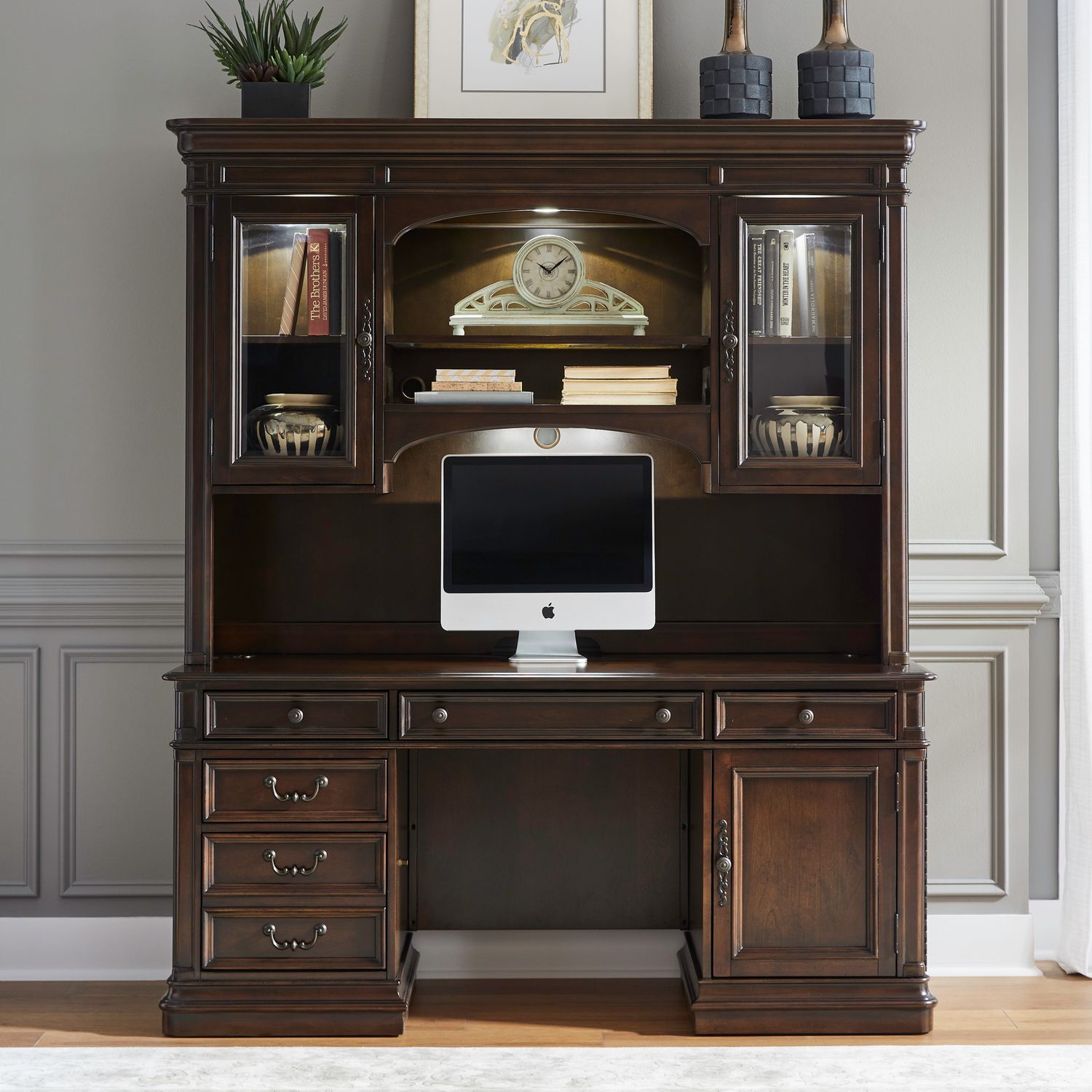 Brayton Manor Wood/Glass Jr Executive Credenza Set w/6 Drawers & 3 Doors