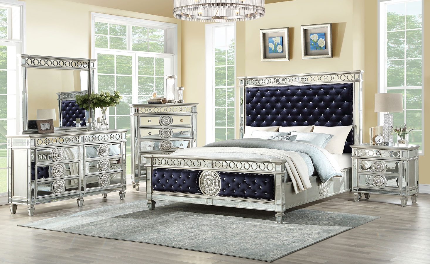 Varian Velvet/Wood Tufted Panel Bedroom Set