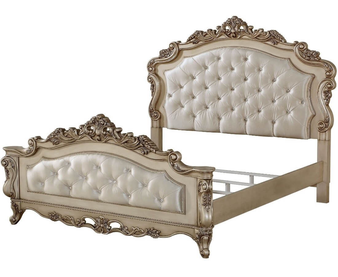 Acme Gorsedd Tufted Eastern King Panel Bed in Cream Fabric and Golden Ivory