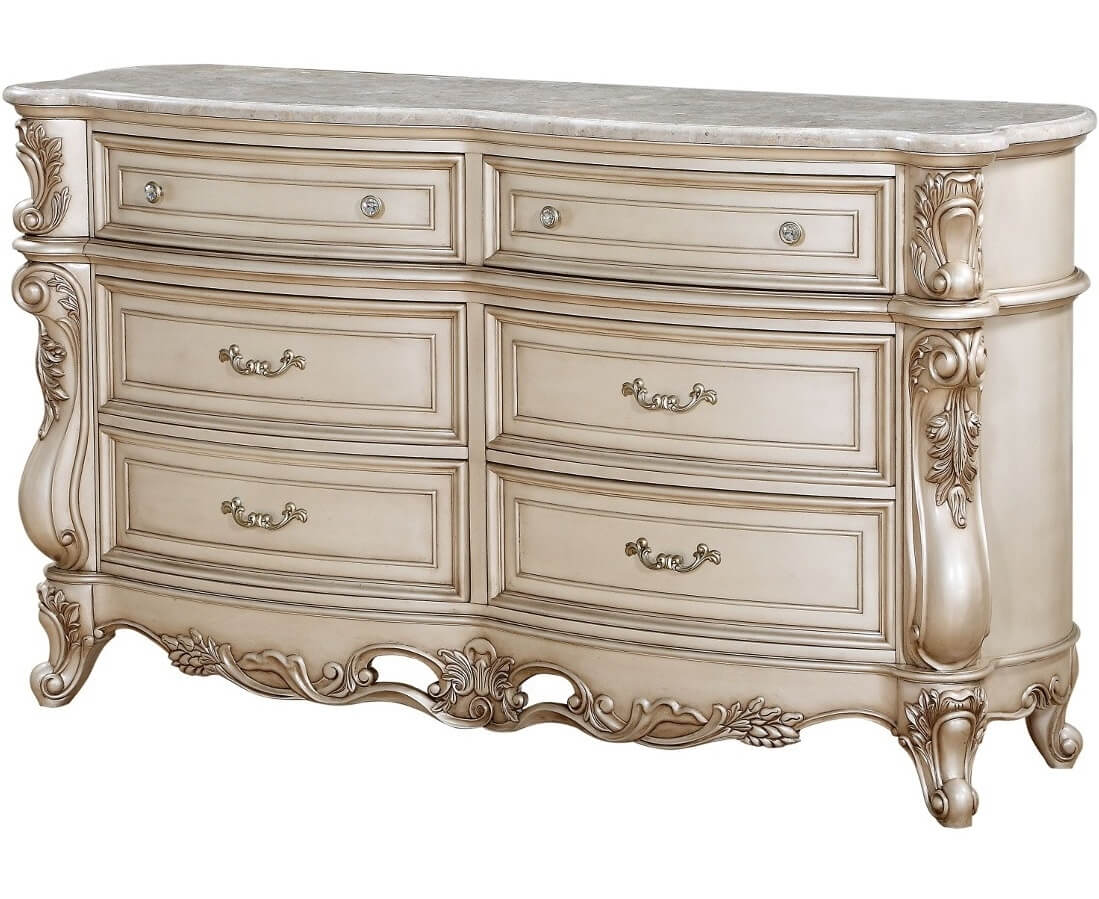 Acme Gorsedd Wooden Frame Dresser in Marble and Golden Ivory