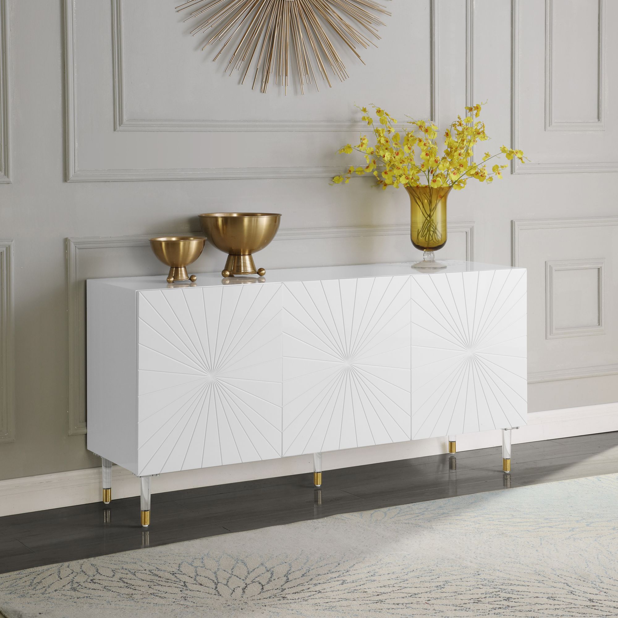 Starburst 3-Door Sideboard with Acrylic Legs & Gold Tips