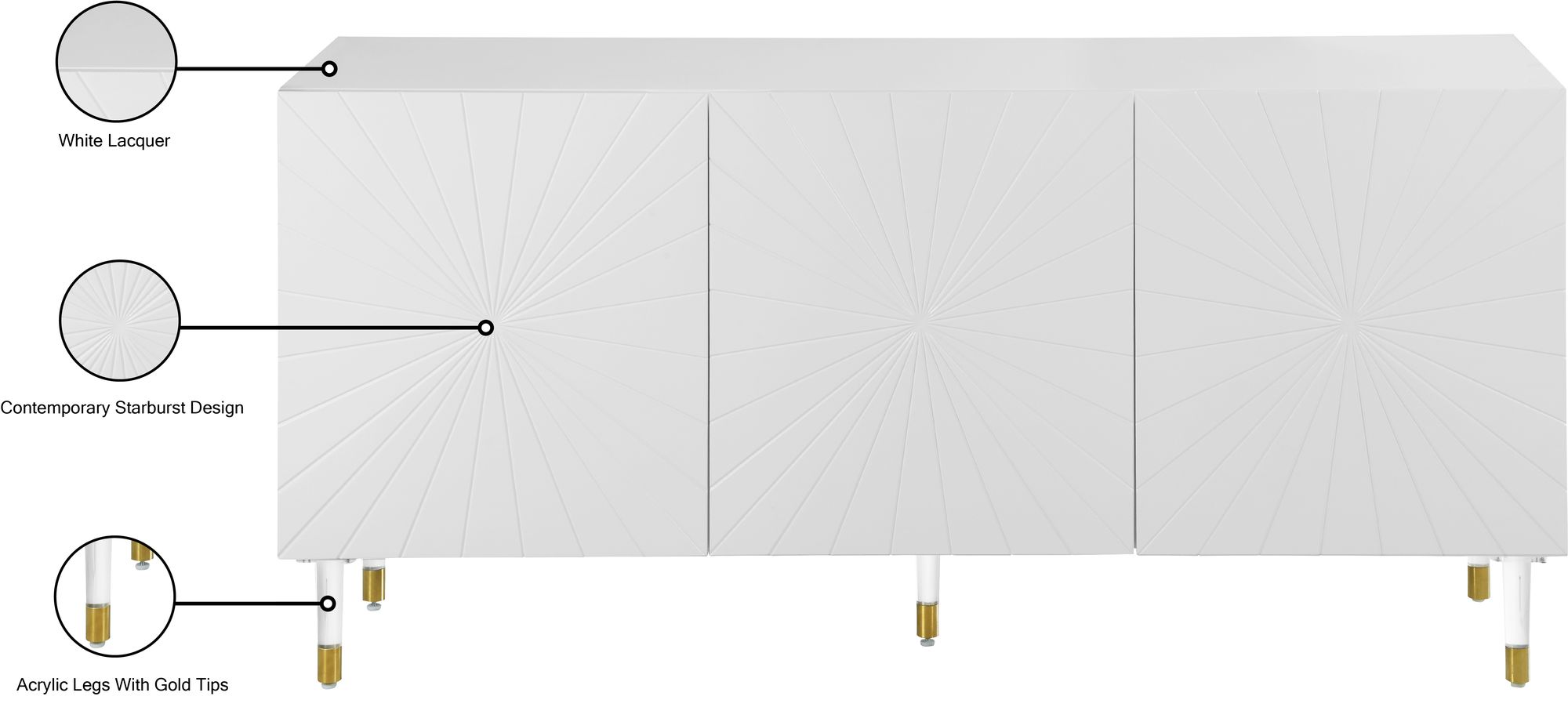 Starburst 3-Door Sideboard with Acrylic Legs & Gold Tips
