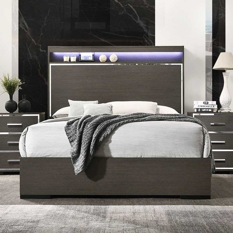 Escher Wood Platform Bed w/LED Headboard, Queen Size