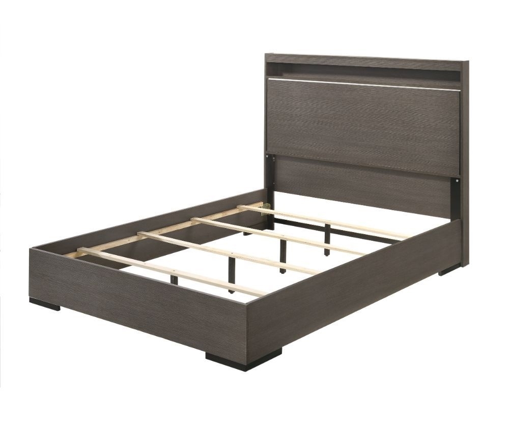 Contemporary Wooden Queen Bed with 2 Way Led, Gray
