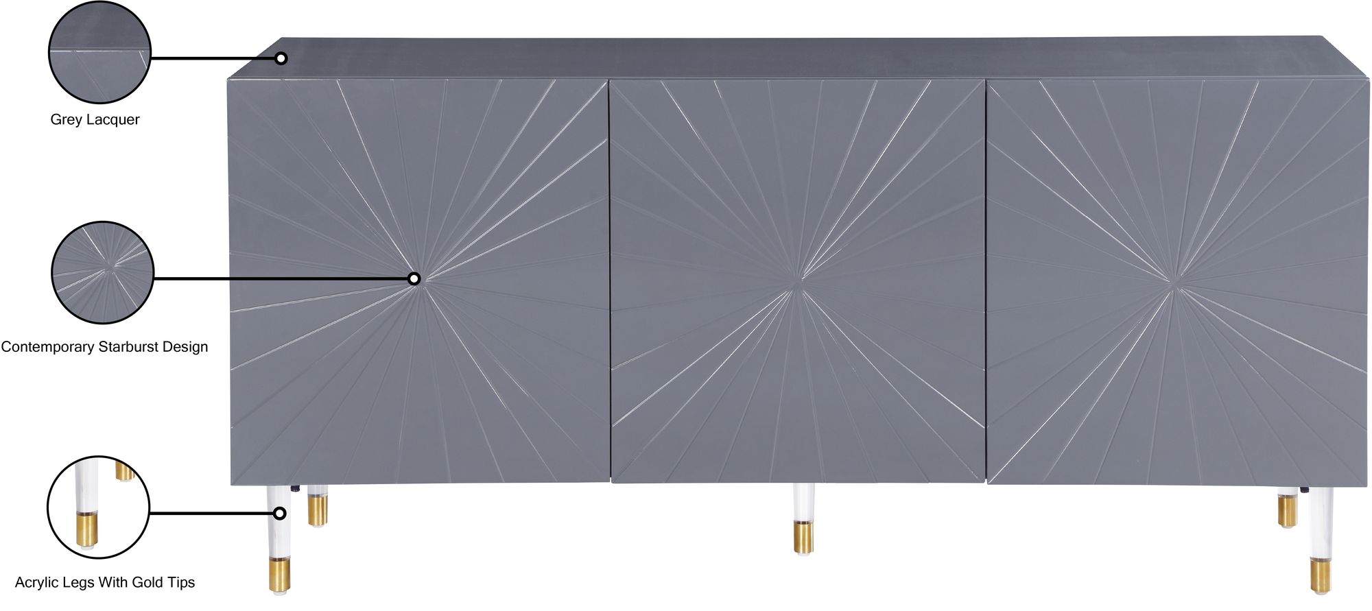 Starburst 3-Door Sideboard with Acrylic Legs & Gold Tips