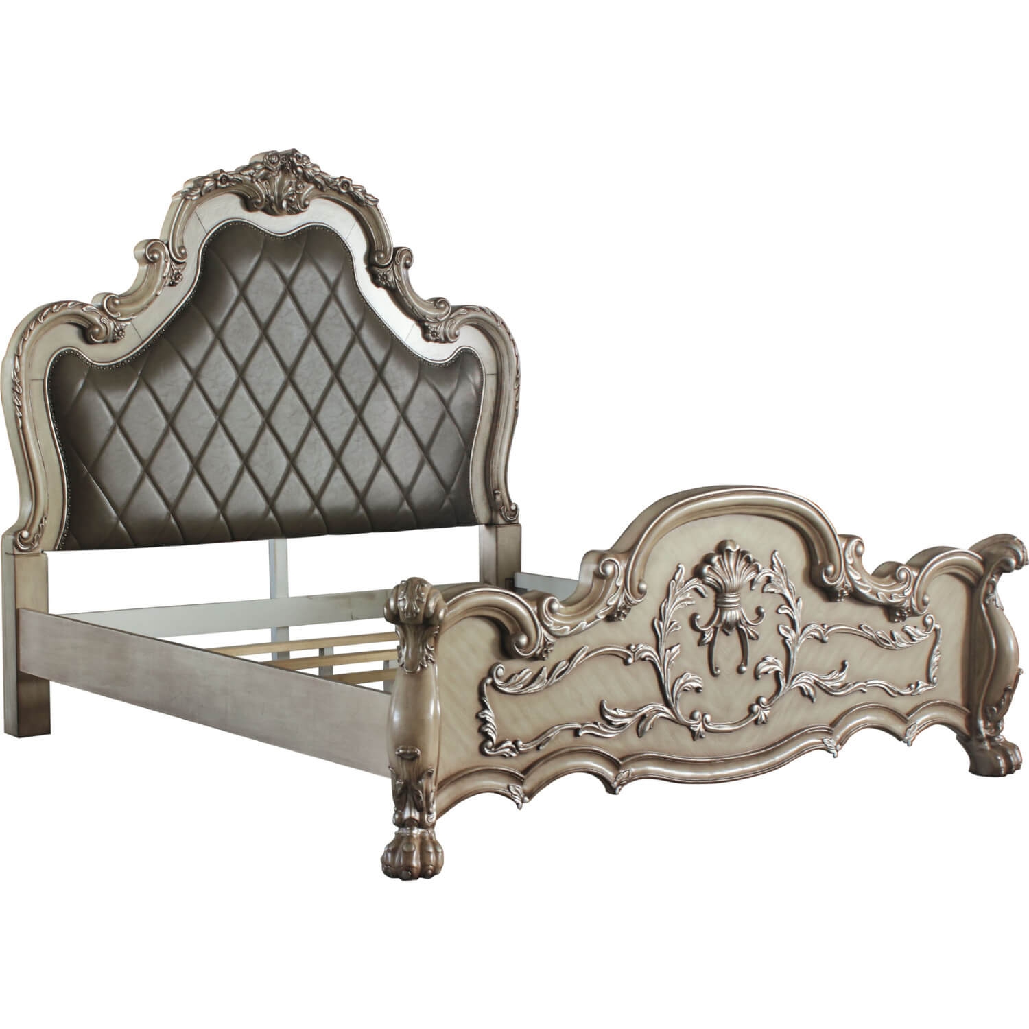 Acme Furniture Marchesa Cal King Bed in Beige Leather-Aire, Gold & Pearl White Finish