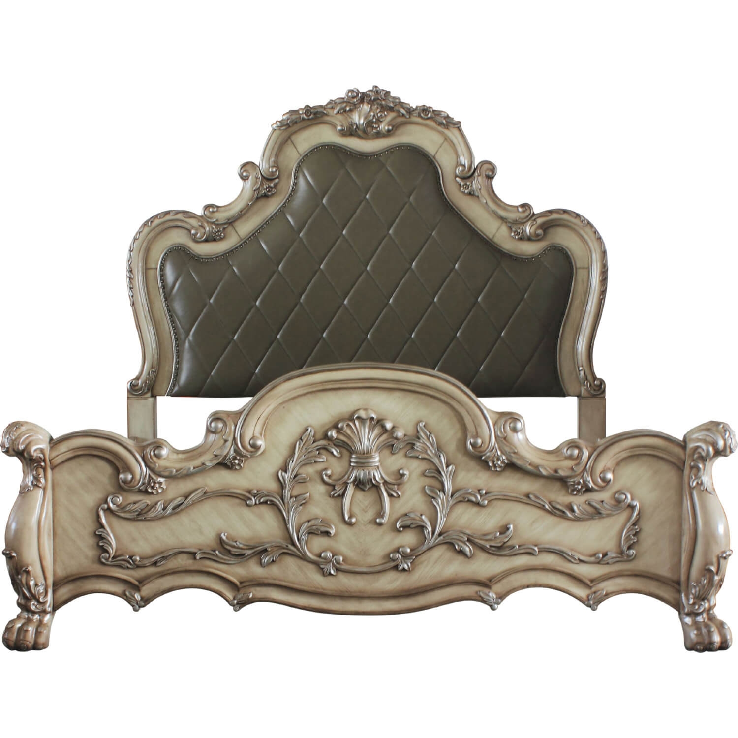 Acme Furniture Marchesa Cal King Bed in Beige Leather-Aire, Gold & Pearl White Finish