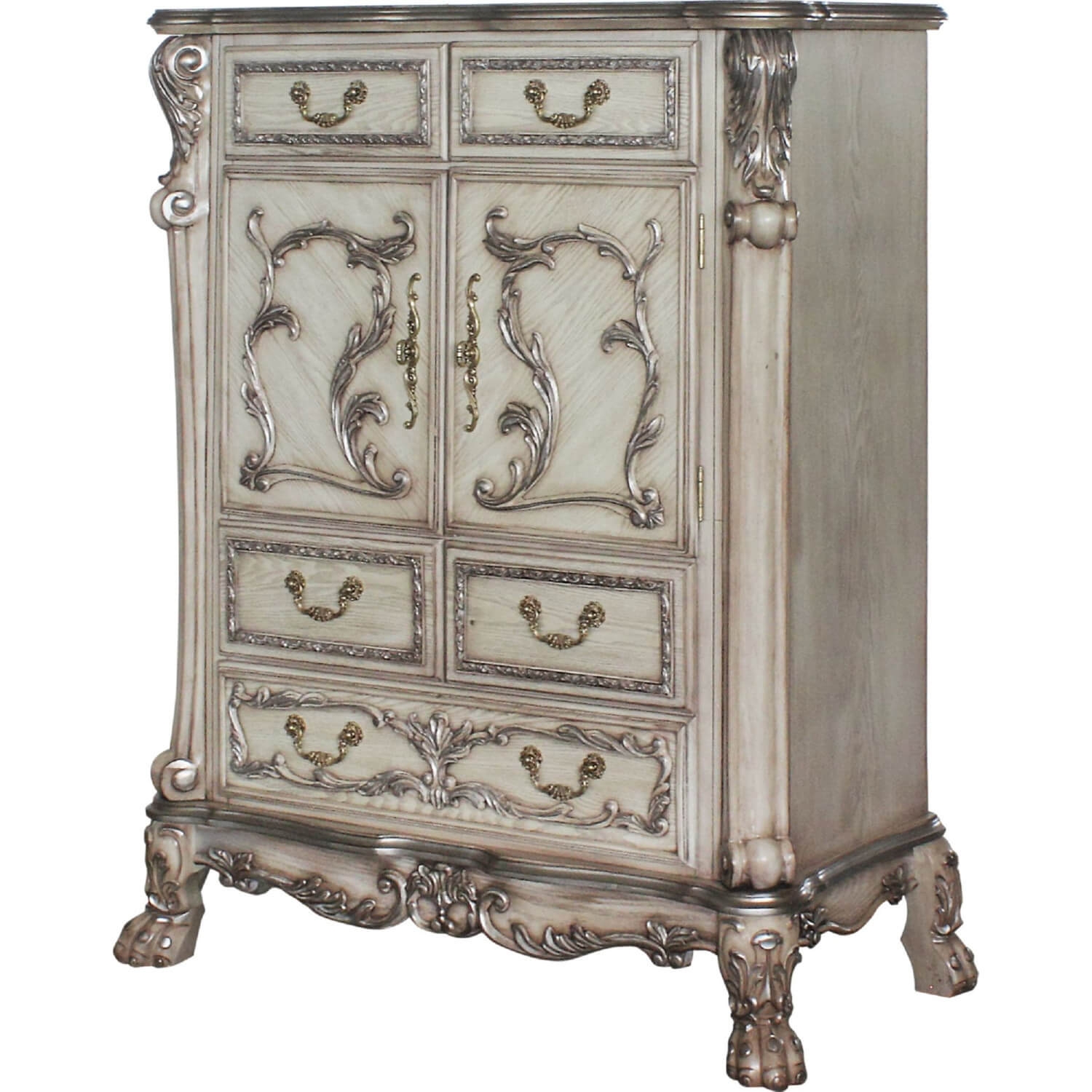 Traditional Wooden Chest with 5 Drawers and Carved Details, Silver