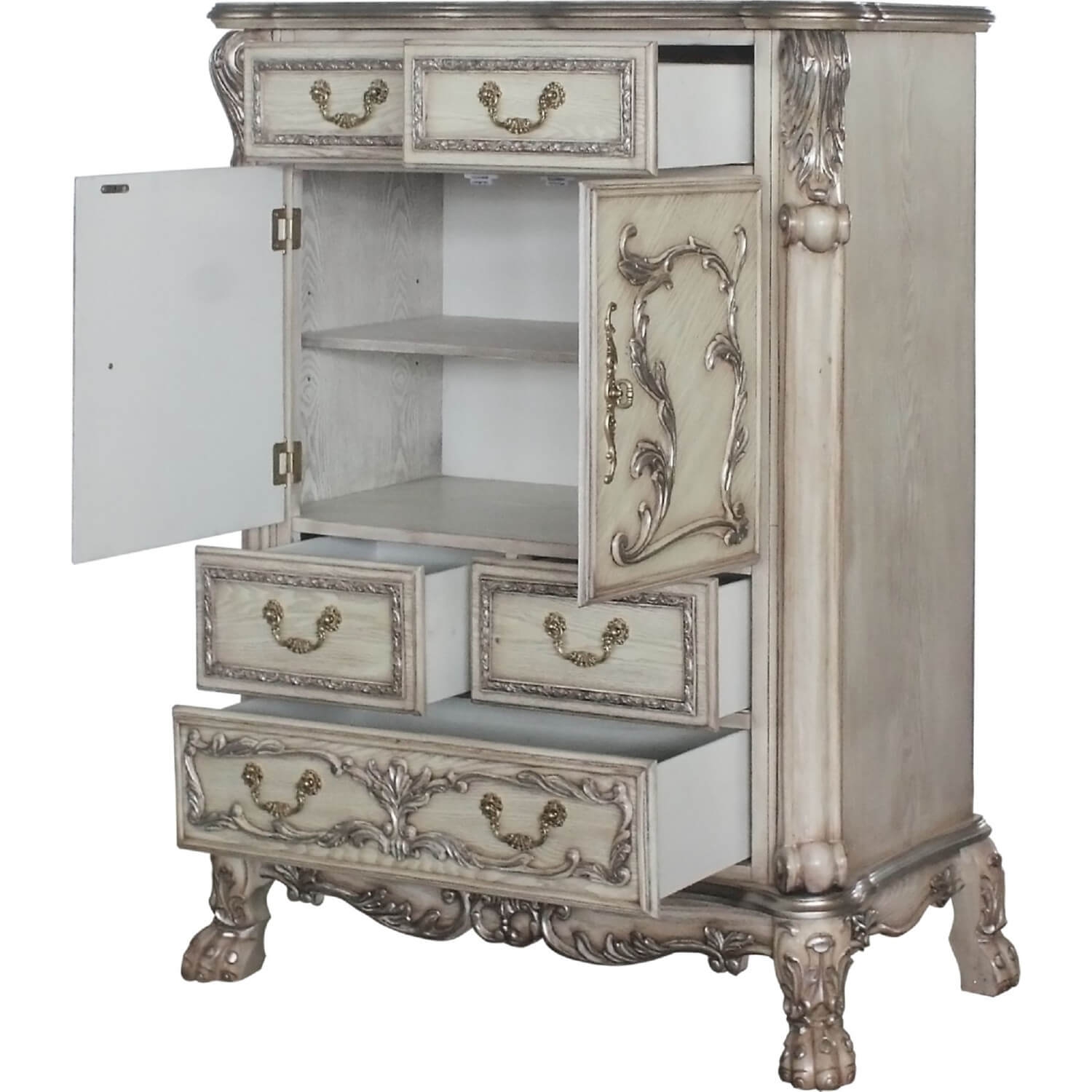 Traditional Wooden Chest with 5 Drawers and Carved Details, Silver