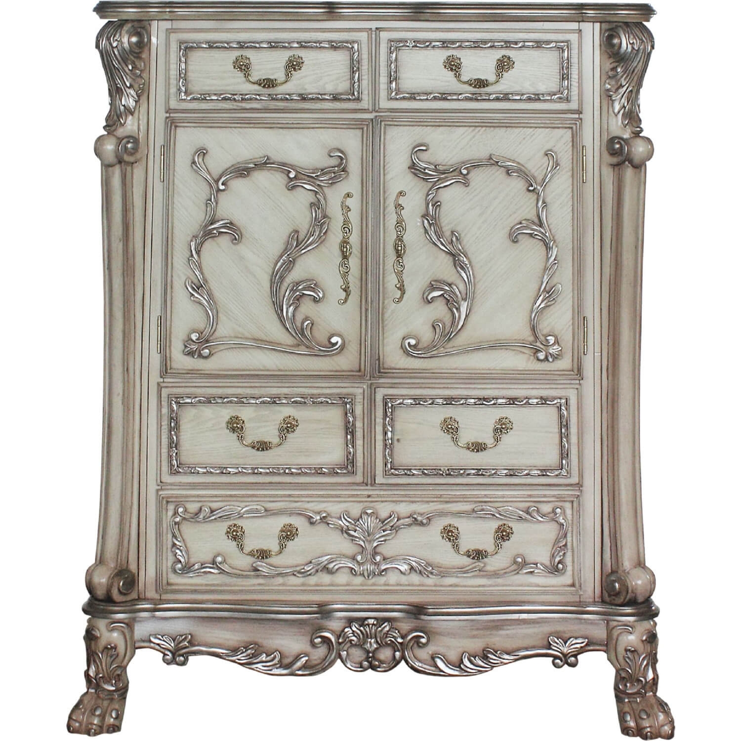 Traditional Wooden Chest with 5 Drawers and Carved Details, Silver