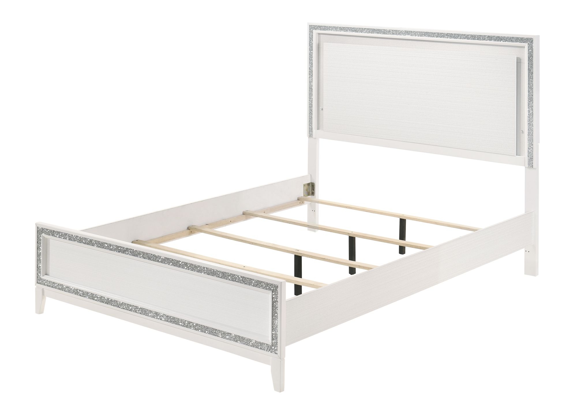 GLAM BLING WHITE FINISH LED LIGHT SHIMMERING SILVER TRIM QUEEN SIZE BED FRAME CAMA LUZ