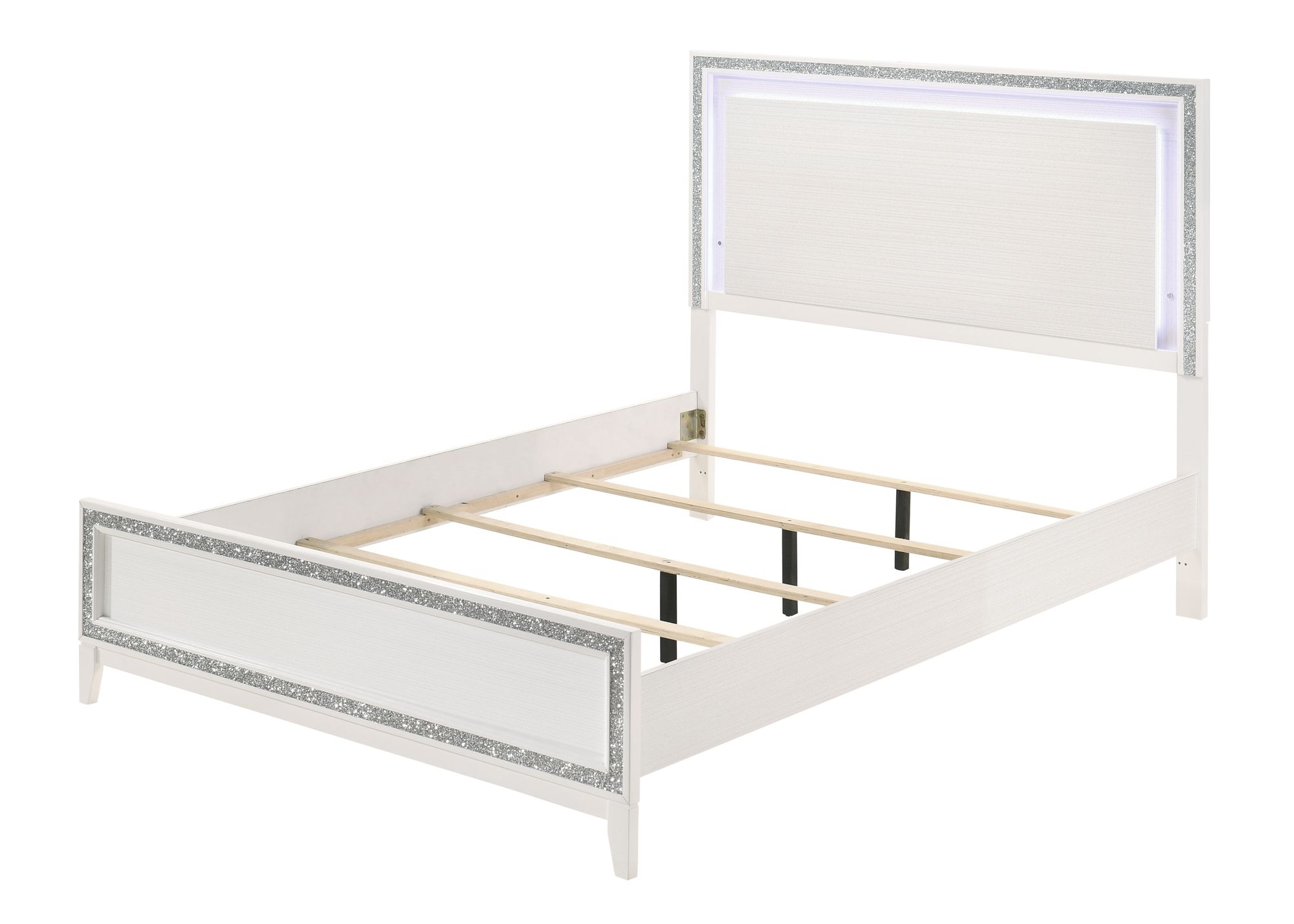 GLAM BLING WHITE FINISH LED LIGHT SHIMMERING SILVER TRIM QUEEN SIZE BED FRAME CAMA LUZ