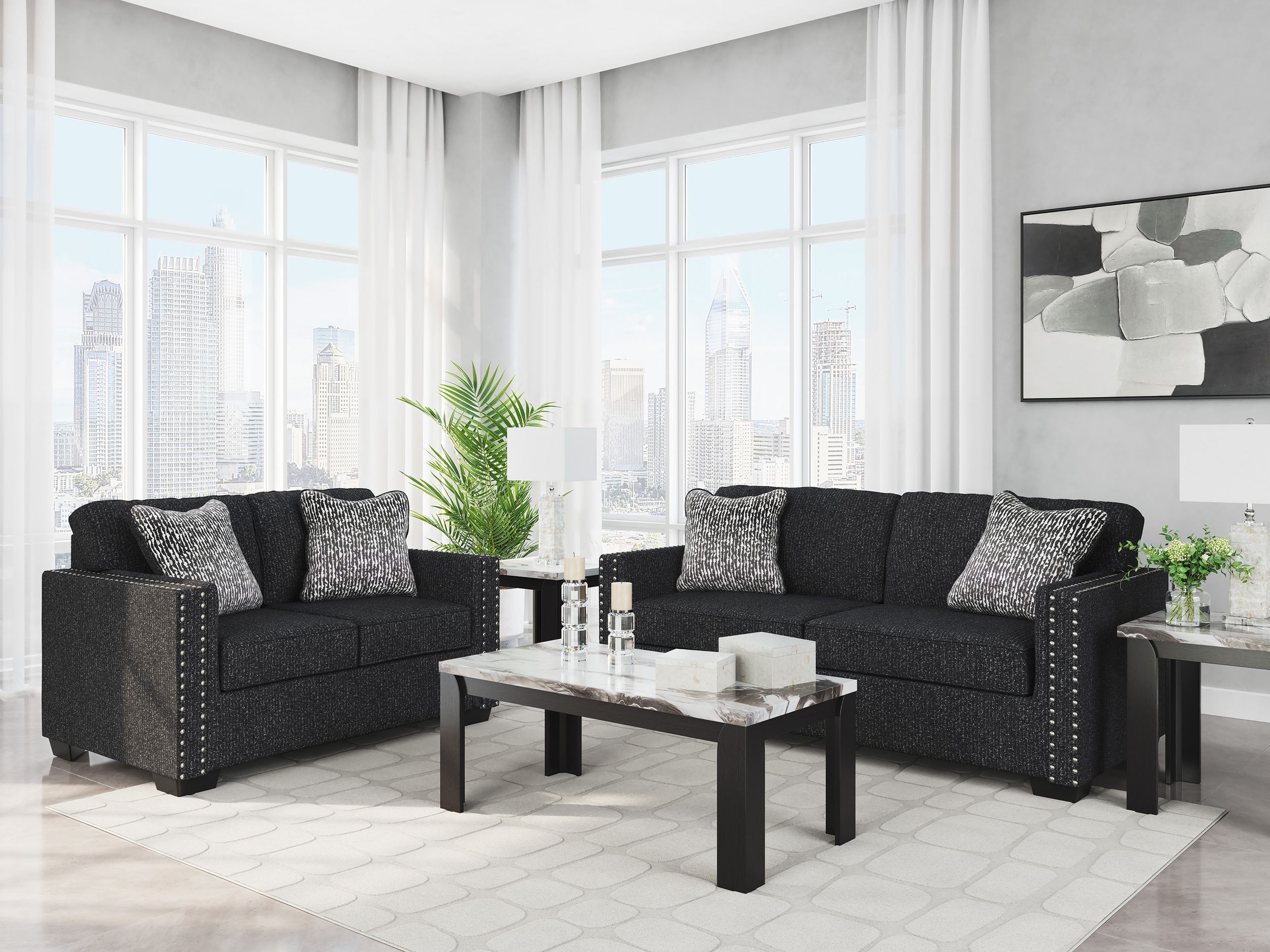Jasmine Peaks Modern Sofa | Coal Fabric with LED Lighting & Nailhead Trim