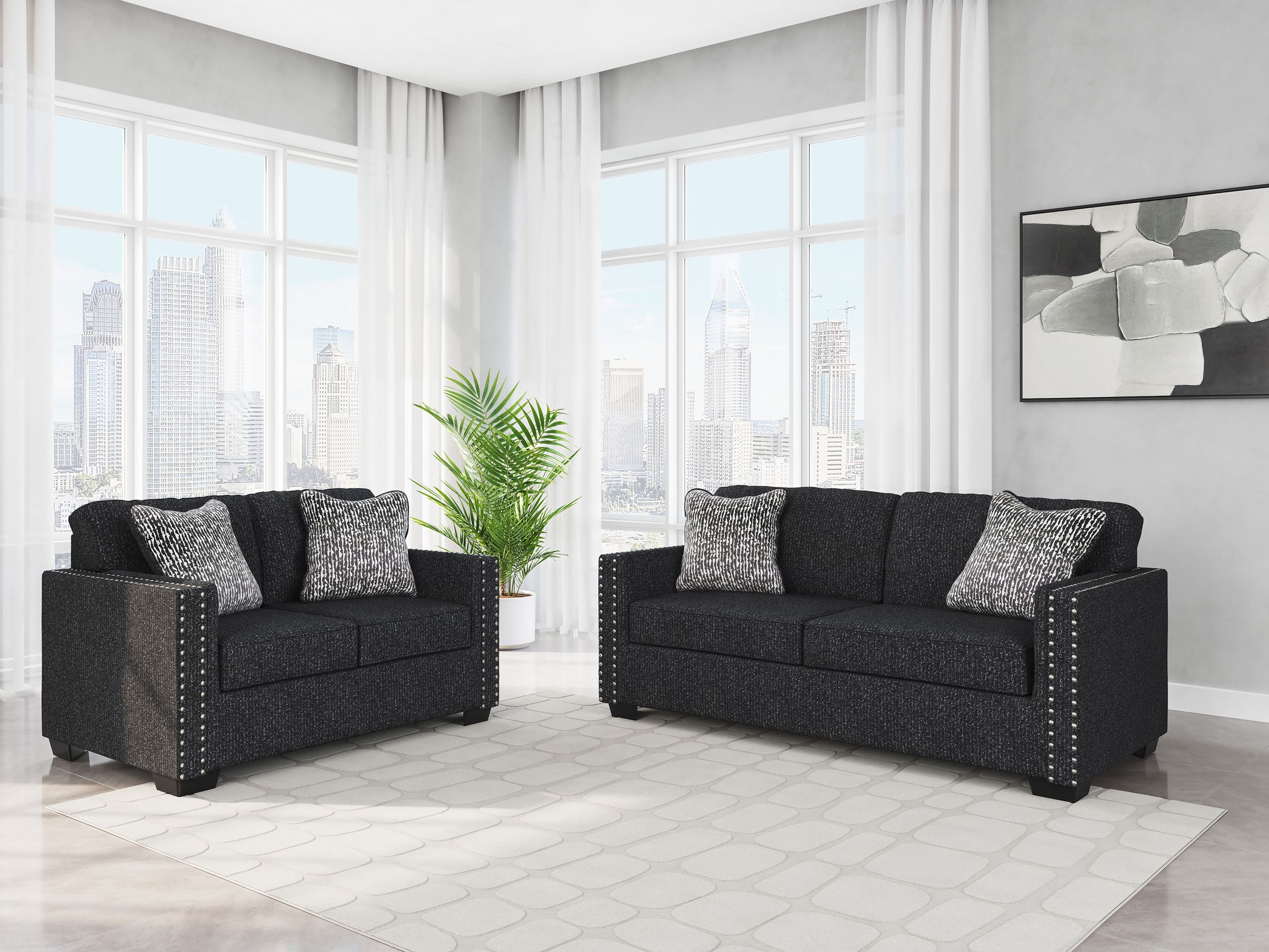 Jasmine Peaks Modern Sofa | Coal Fabric with LED Lighting & Nailhead Trim