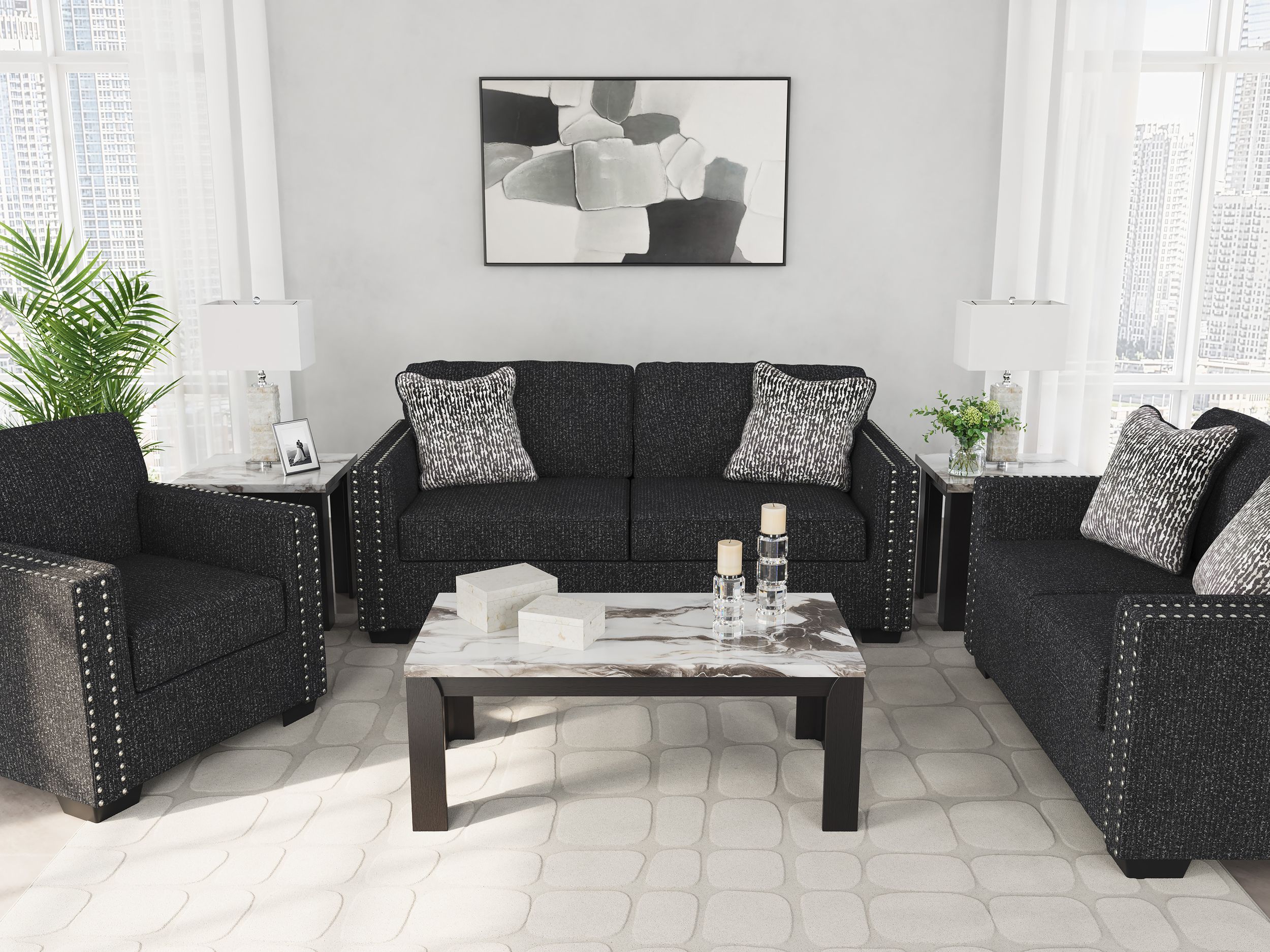 Jasmine Peaks Modern Sofa | Coal Fabric with LED Lighting & Nailhead Trim