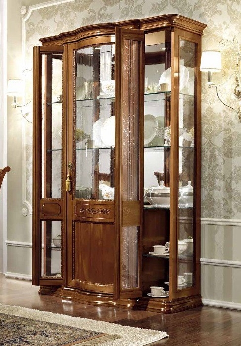 Torriani Wood/Glass China Cabinet w/3 Doors & Mirrored Back