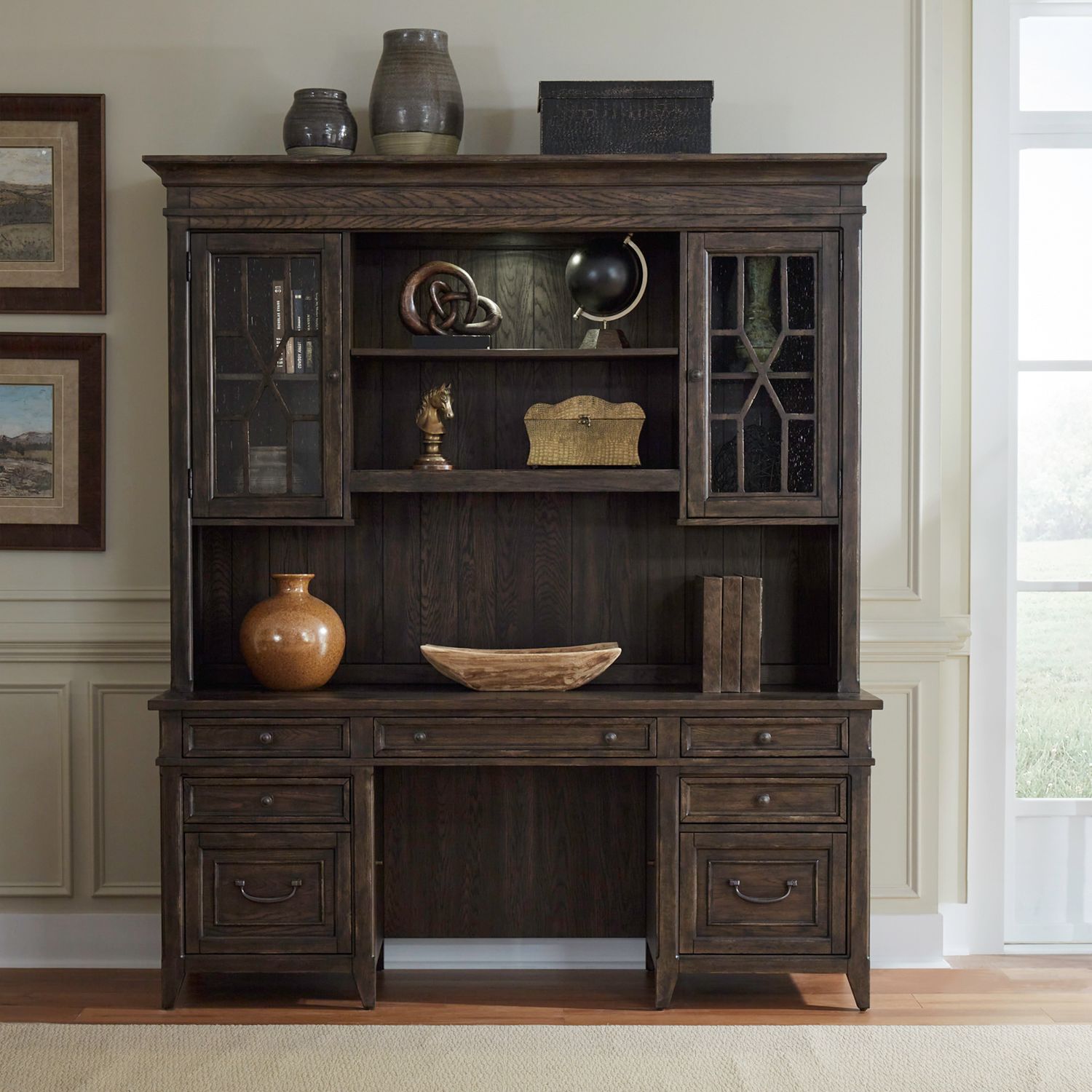 Paradise Valley Wood/Glass Executive Credenza & Hutch w/7 Drawers & 2 Doors
