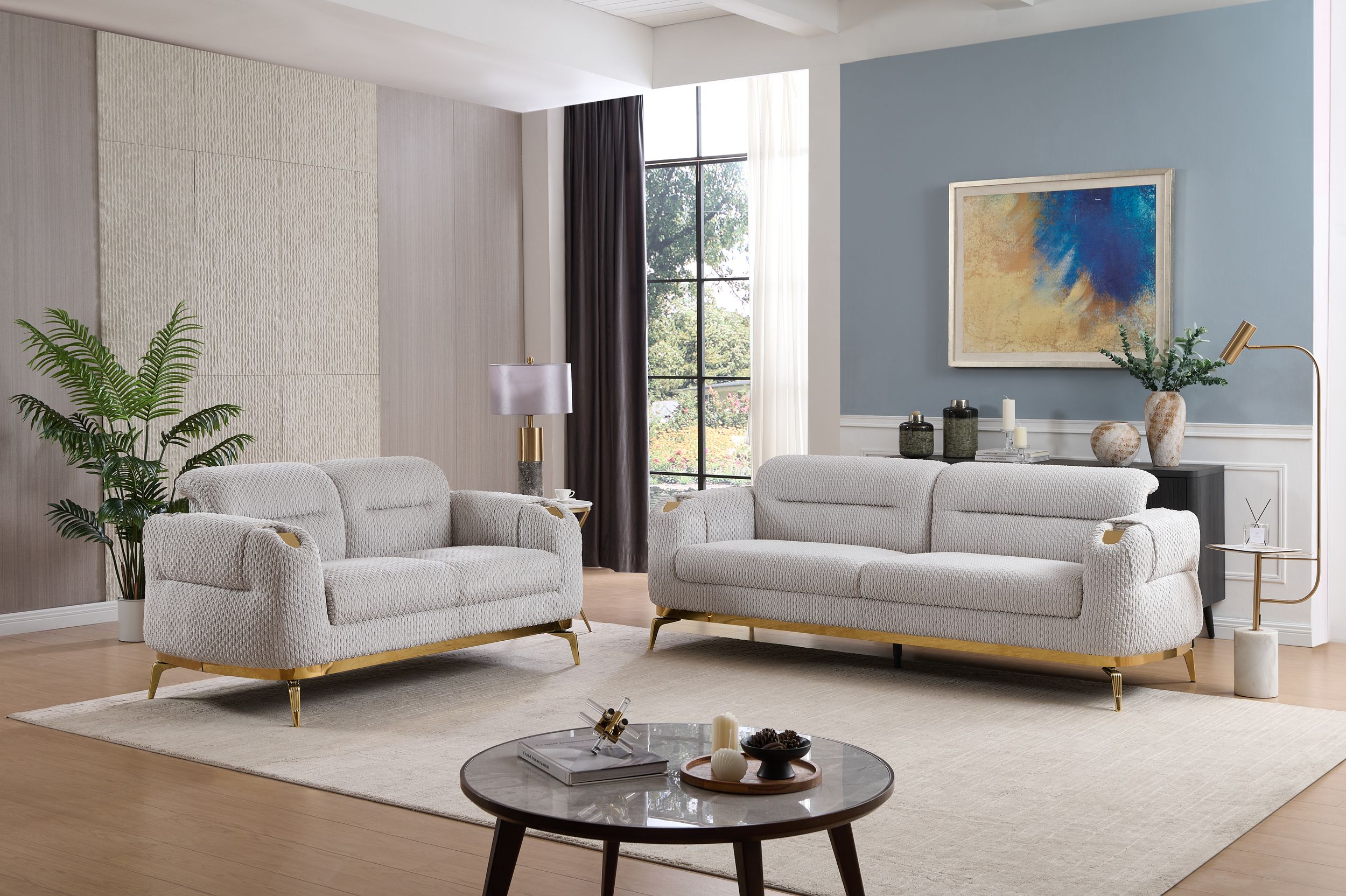 Galaxy Home Grey 2PC Sofa Set with Gold Legs