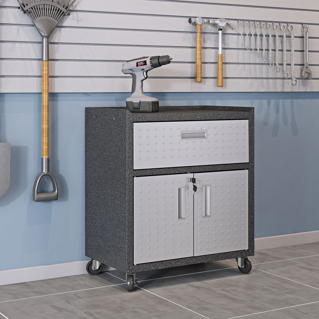 Fortress Textured Metal 31.5-inch Garage Mobile Cabinet w/1 Full Extension Drawer & 2 Adjustable Shelves