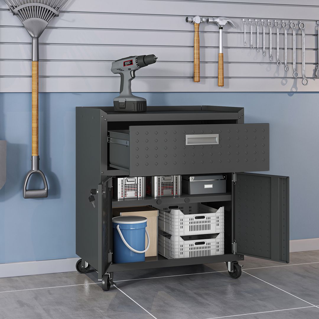 Fortress Textured Metal 31.5-inch Garage Mobile Cabinet w/1 Full Extension Drawer & 2 Adjustable Shelves